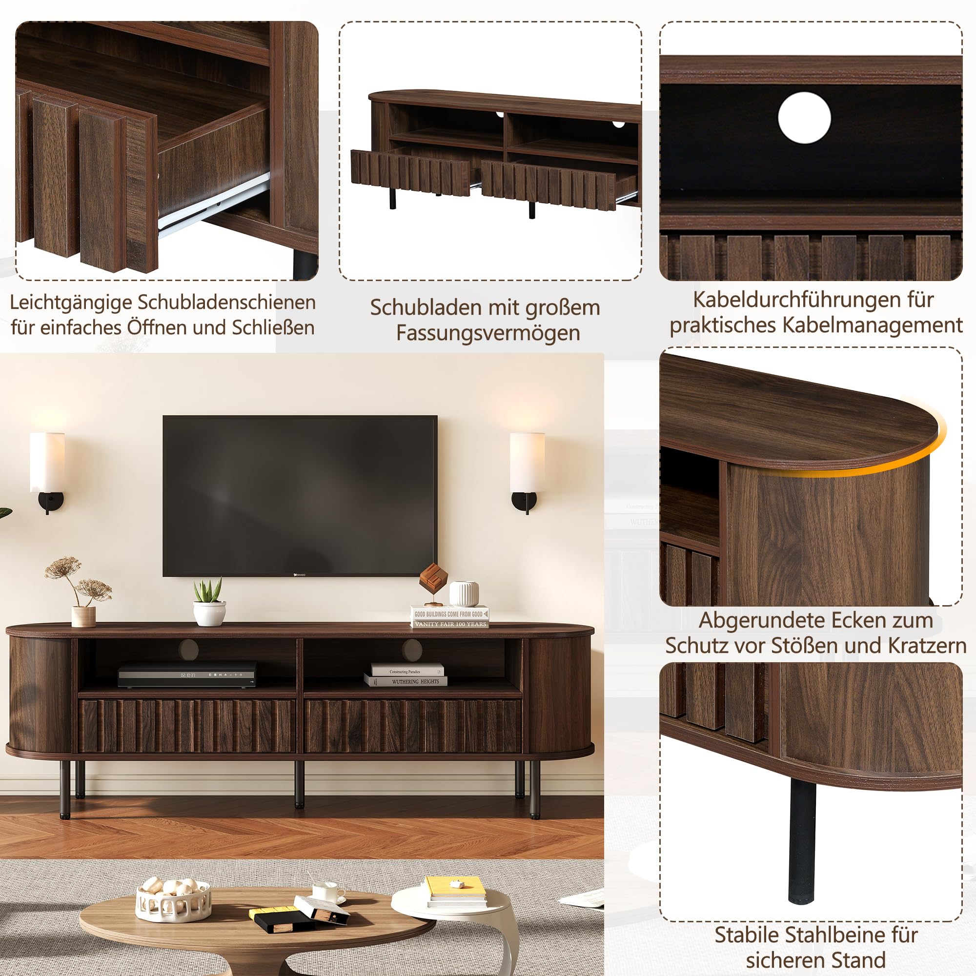 Fernsehschrank für 65 Zoll TV, Lowboard mit Schubladen & 5 Metallbeinen, Wohnzimmermöbel in Walnuss-Optik mit Stauraum, 160 x 40 cm, MDF, modern & stabil