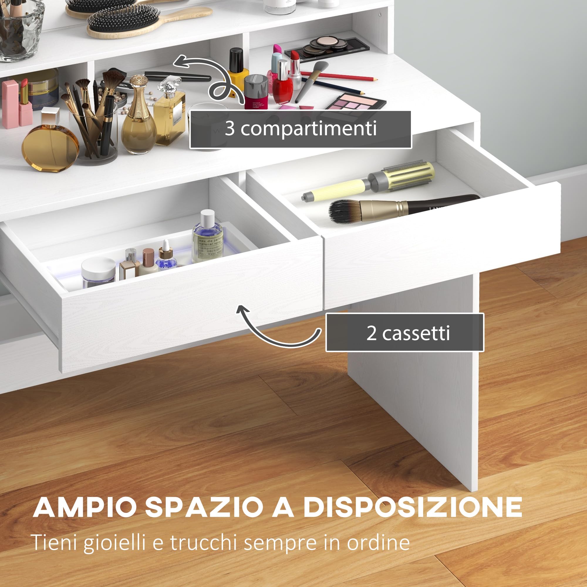 HOMCOM Toeletta Trucco con Specchio e 10 Luci LED Regolabili a 3 Colori, Postazione Trucco con 2 Cassetti e 3 Scomparti, per Camera da Letto, 80x40x135 cm, Bianco