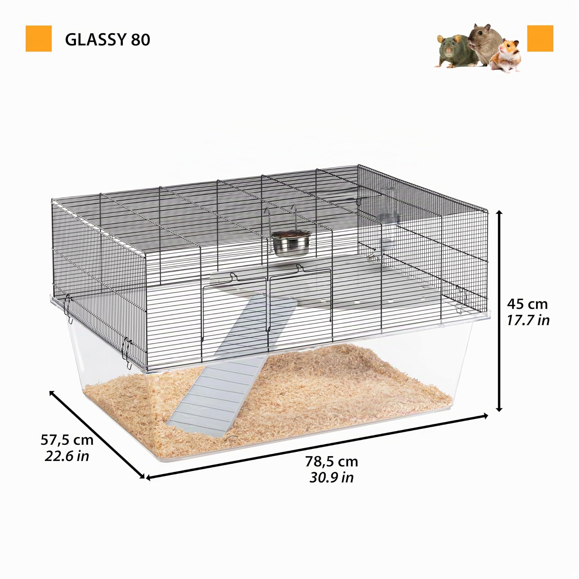 Ferplast Jaula para Hámsters, Ratones y Gerbillos Glassy 80, Hábitat Accesorio de Dos Niveles para Pequeños Animales, Base Alta y Espaciosa, Gancho de Seguridad en Las Puertas, 78,5 x 57,5 x 44,5 cm