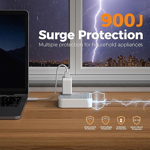 Vista 2 de TESSAN - Regleta protectora contra sobretensiones, enchufe plano, cable extensión ultradelgado 5 ft, 3 puertos USB (1 USB C), 4 tomas corriente