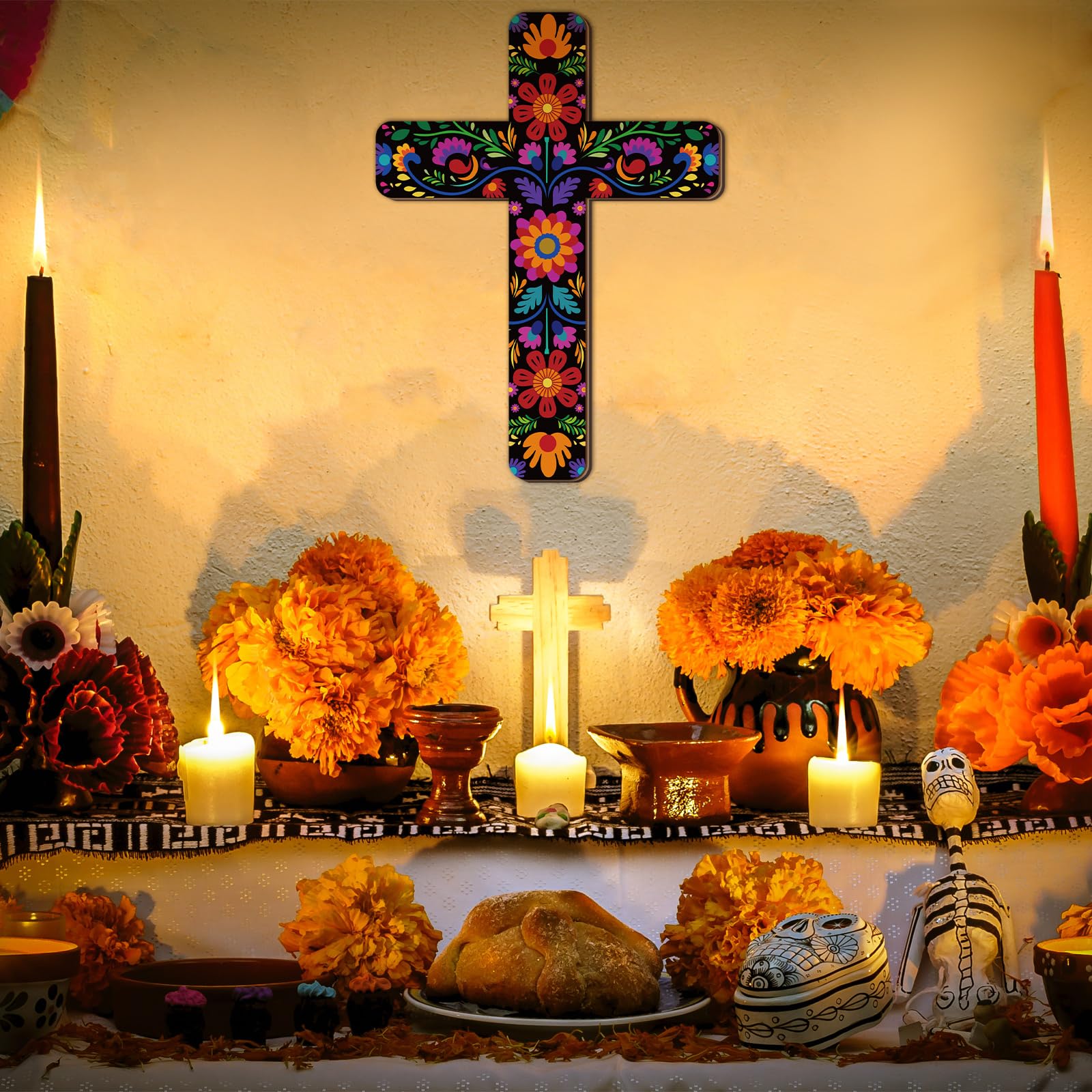 Floral Cross Wall Decor Hand Painted Decorative Inspirational Wooden Cross Mexican Art Wall Decor Mexican Crucifix for Home Room Church Decoration(Retro Style)