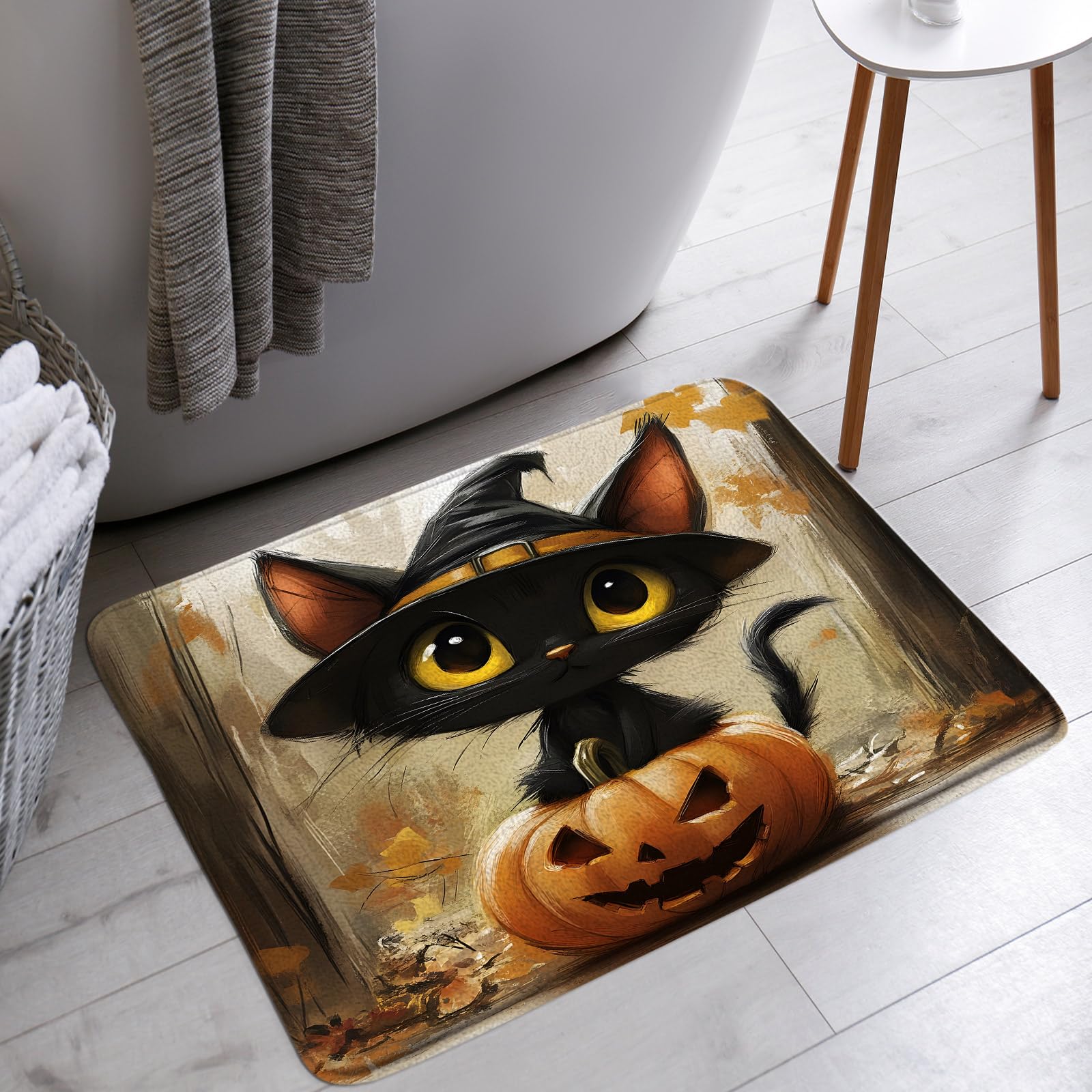Halloween Black Cat Bath Mat Fall Autumn Pumpkin Funny Animals Witch Magic Hat Holiday Bathroom Bathtub Floor Rugs