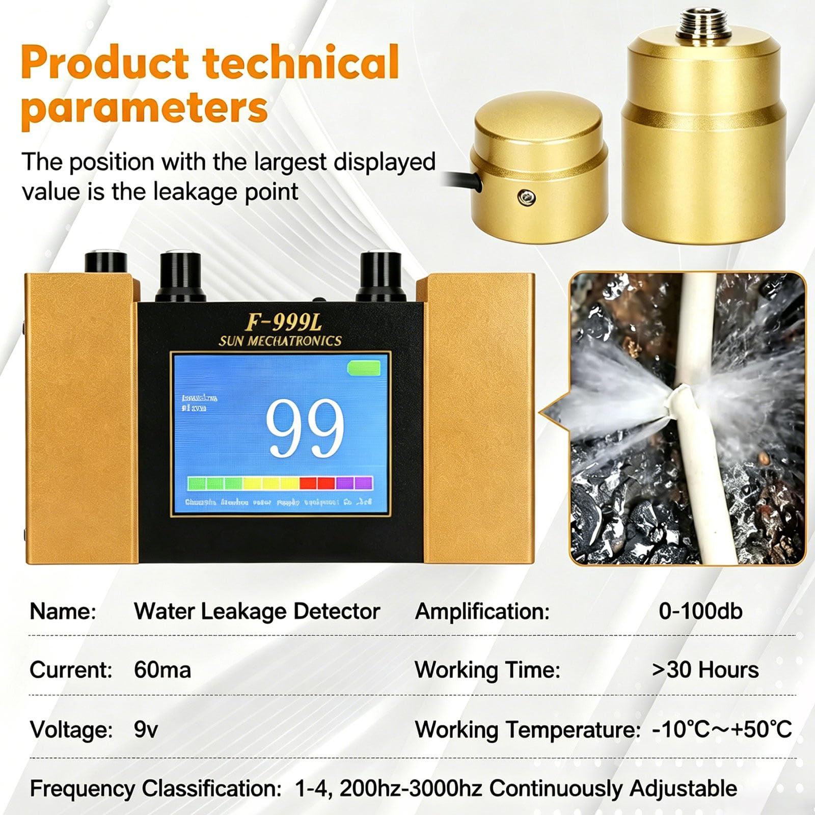 Detector de Fugas de Agua Profesional, 4 velocidades de frecuencia, batería 30+ Horas, para fontanería Interior y climatización