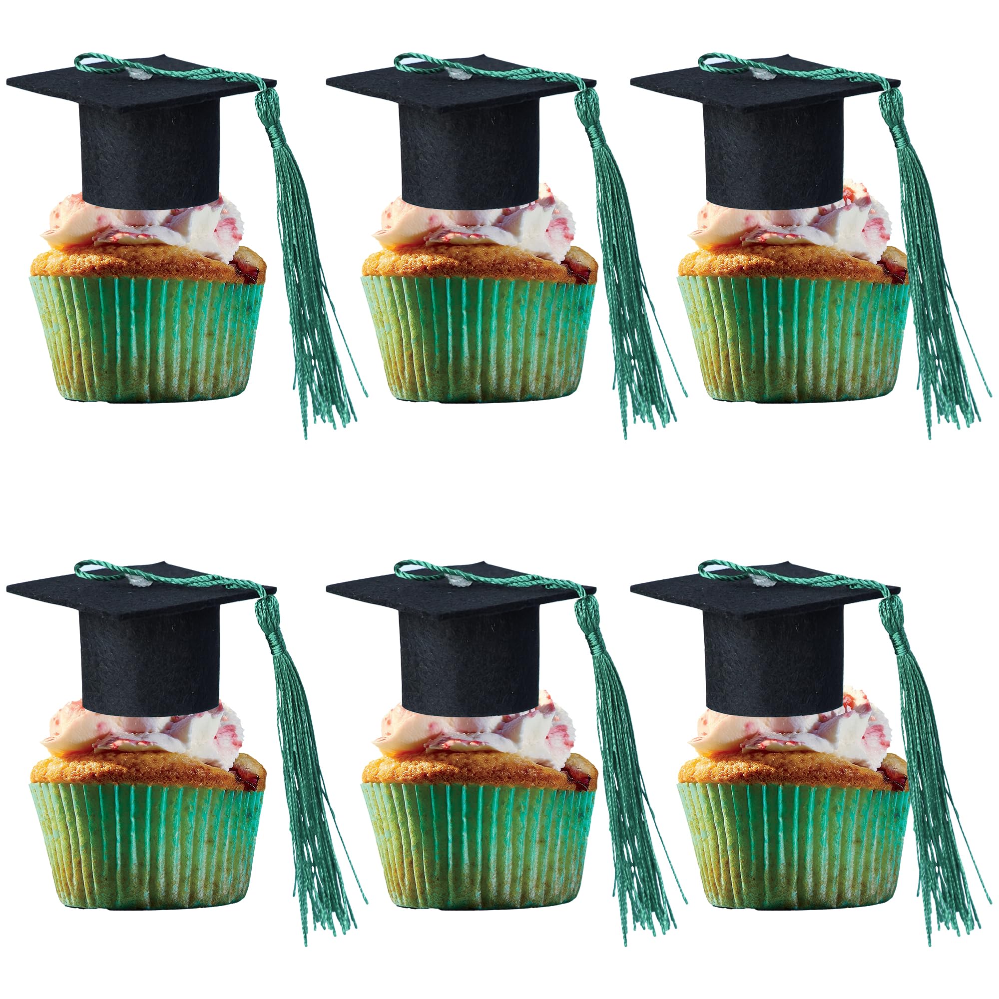 Ephlyn 24Pcs 2026 Graduation Cap Cupcake Toppers DIY 3D 2026 Congrats Grad Cap Cupcake Picks with Green Tassels for 2026 School Boys Girls Graduate