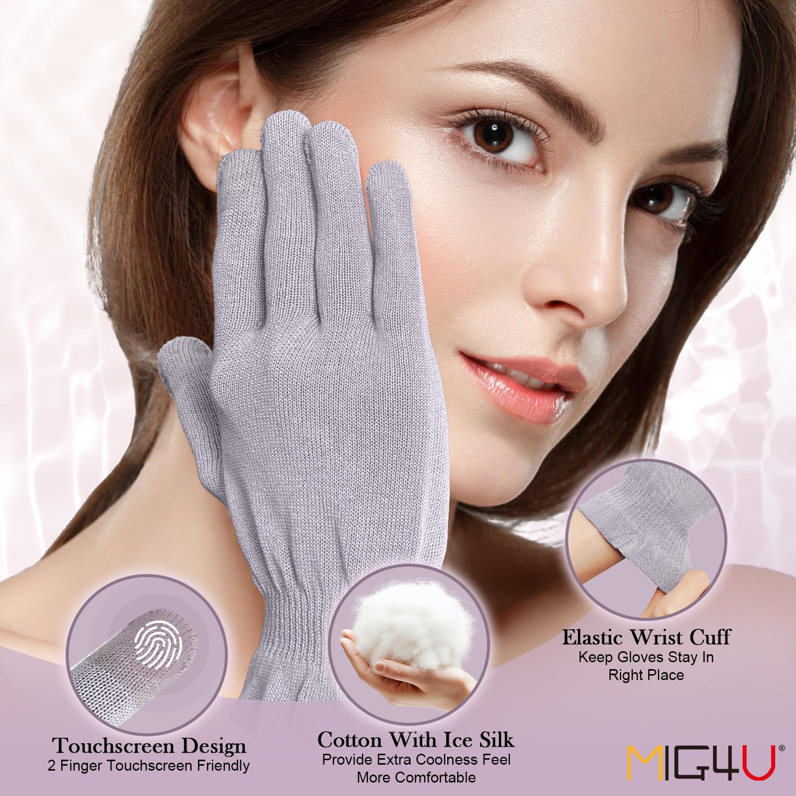 MIG4U Guanti di bellezza idratanti touchscreen guanti da notte per donne mani secche, lozione notturna, eczema, SPA, trattamento cosmetico, grigio viola, 6 paia taglia L/XL