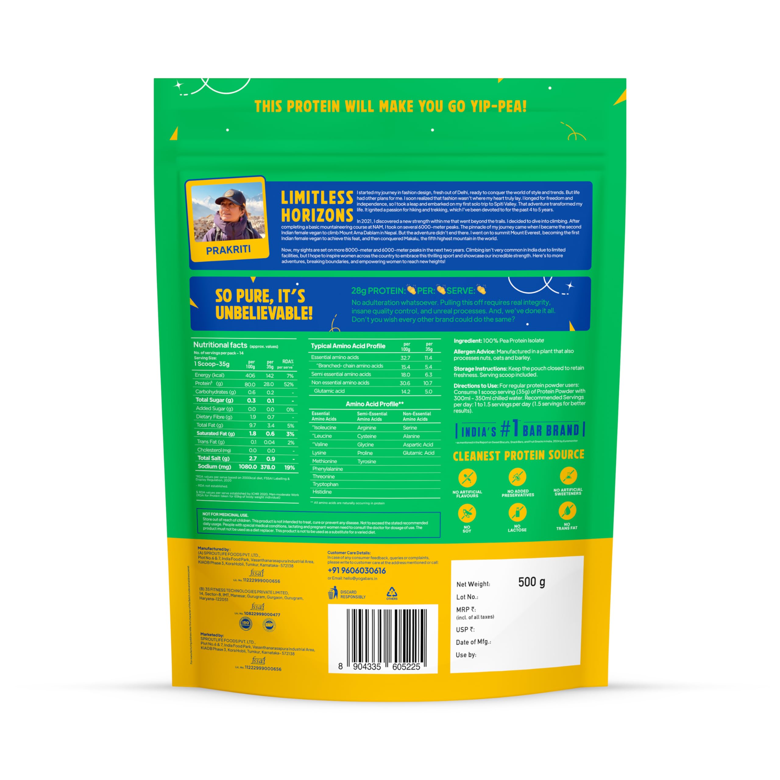 Yogabar Pro Clean Plant Protein | Unflavoured | 28g Protein per Serving | Clean & Natural Plant Blend | 500g Pack of 2