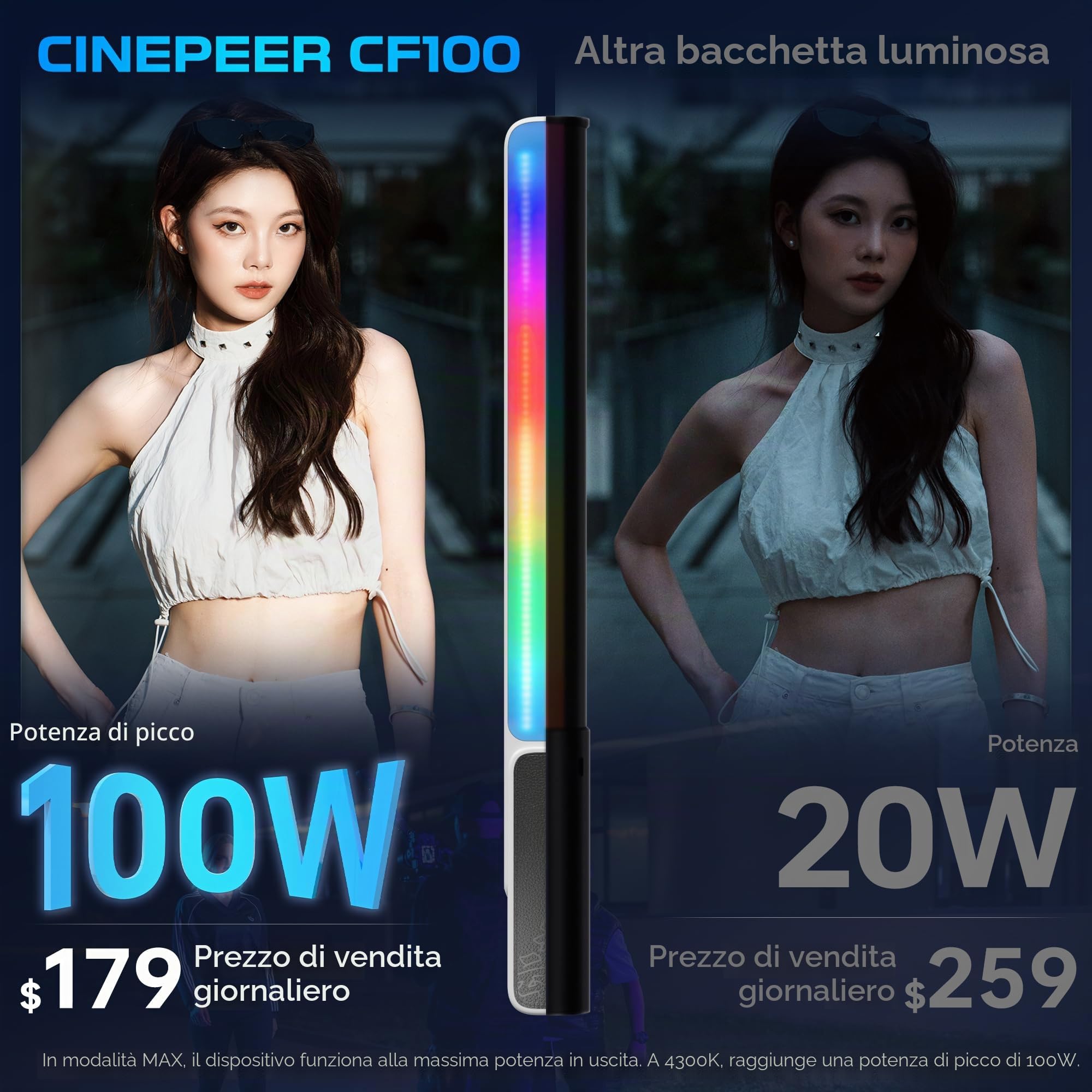 ZHIYUN CINEPEER CF100 [Ufficiale] 100W RGB Bastone Luminoso, Portatile per Luce Video con 2700K-6500K CRI 96+ TLCI 98+ Luce Video con 6 Effetti Di Luce Llluminazione in Sscita Continua Fotografia