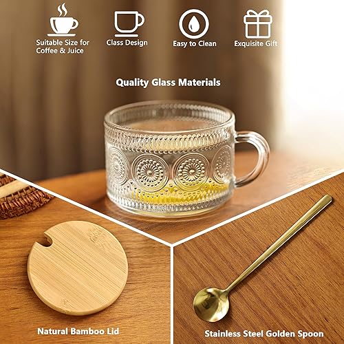 Miniatura 3 de Juego de 4 tazas de café de vidrio vintage, tazas de té de vidrio transparente en relieve con tapas y cucharas de bambú, bonitos accesorios de barra