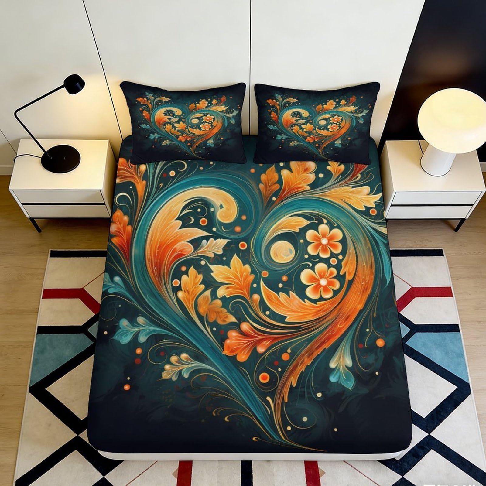Pnayamiorkfel Style-9 3D Printed Floral Swirl Fitted Sheet Microfiber Soft Decorative Heart Pattern Mattress Cover For Bedroom Dorm 90X200x25cm