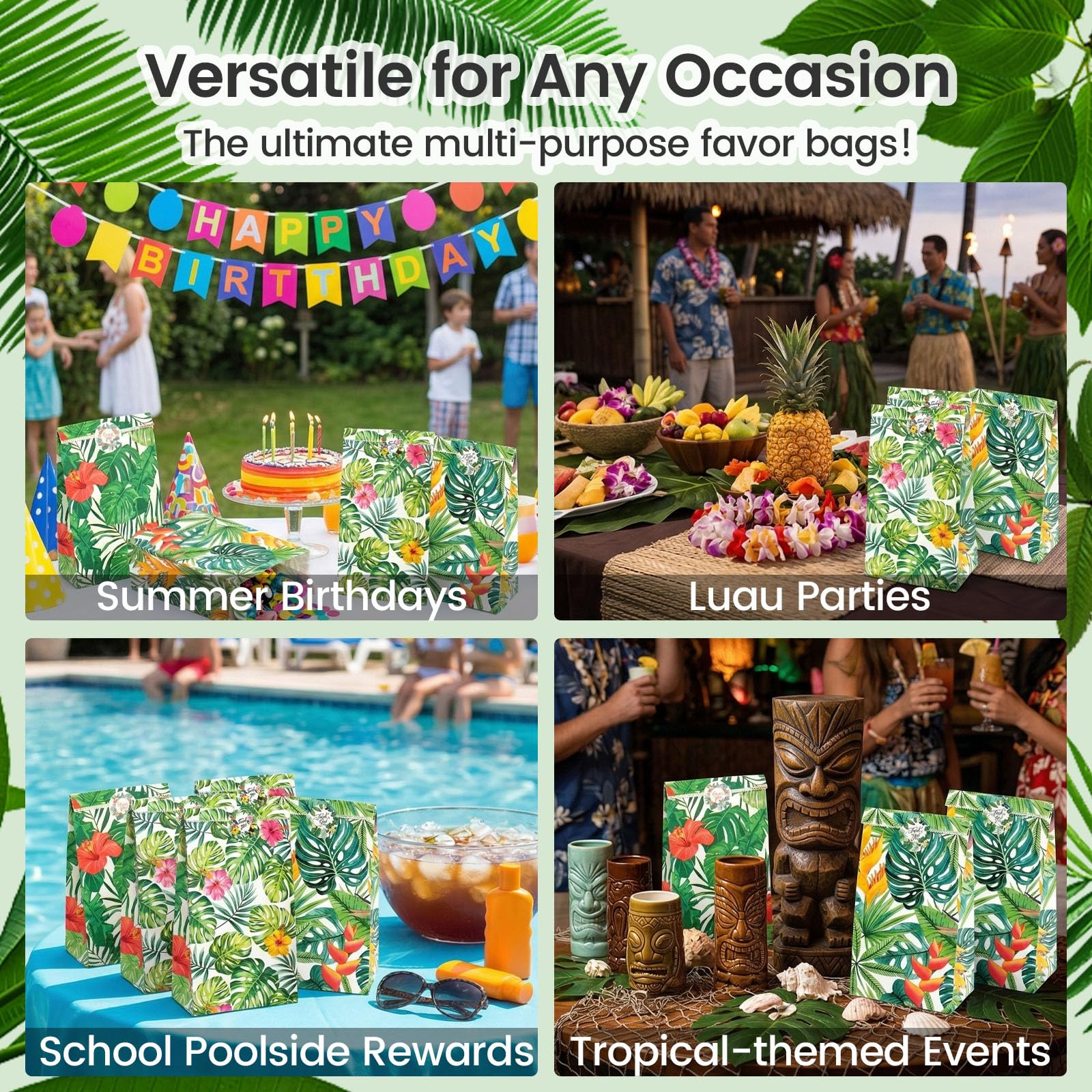 Shindel 24 Pack Tropical Hawaii Party Favor Bags with Stickers - 8.7"x4.7"x3.1" Luau Aloha Goodie Bags, Summer Beach Theme for Kids Birthday Party & Gift Packaging