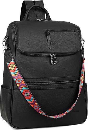 Miniatura 11 de FADEON Mochila para computadora portátil para mujer, mochila de viaje de cuero con compartimento para portátil, bolsa de hombro de PU de diseñador
