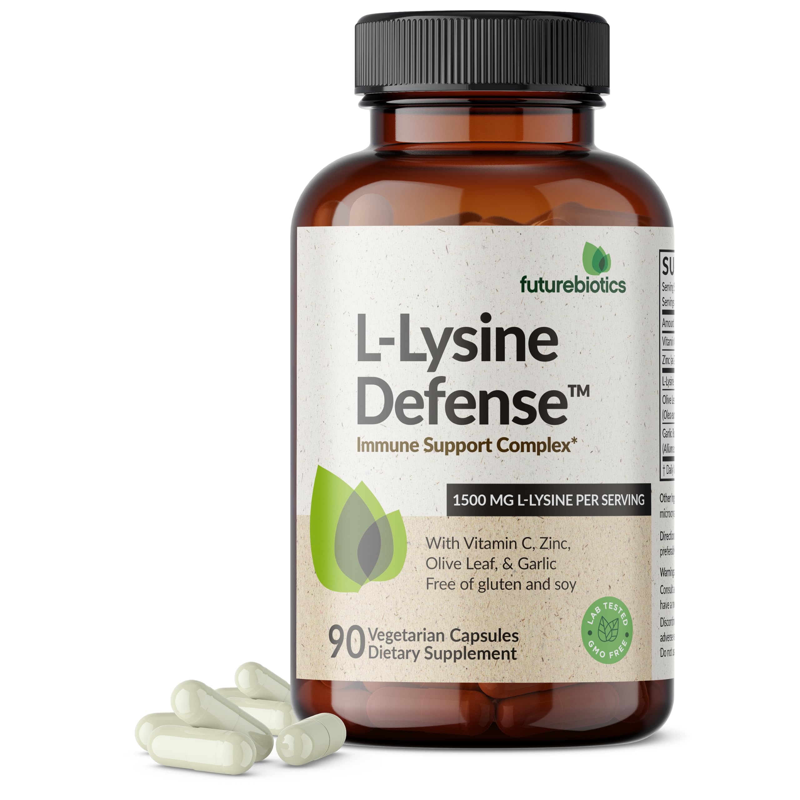 Futurebiotics L-Lysine Defense Immune Support Complex 1500 MG Per Serving with Vitamin C, Zinc, Olive Leaf & Garlic - Non-GMO, 90 Vegetarian Capsules 90 Count (Pack of 1)