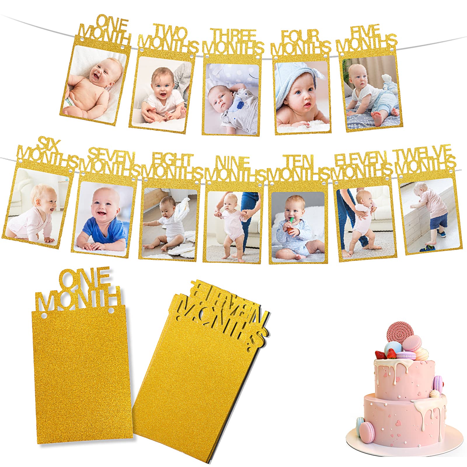 First Birthday Photo Banner - Monthly Milestone Pictures Garland (1-12 Months) In Glitter Blue
