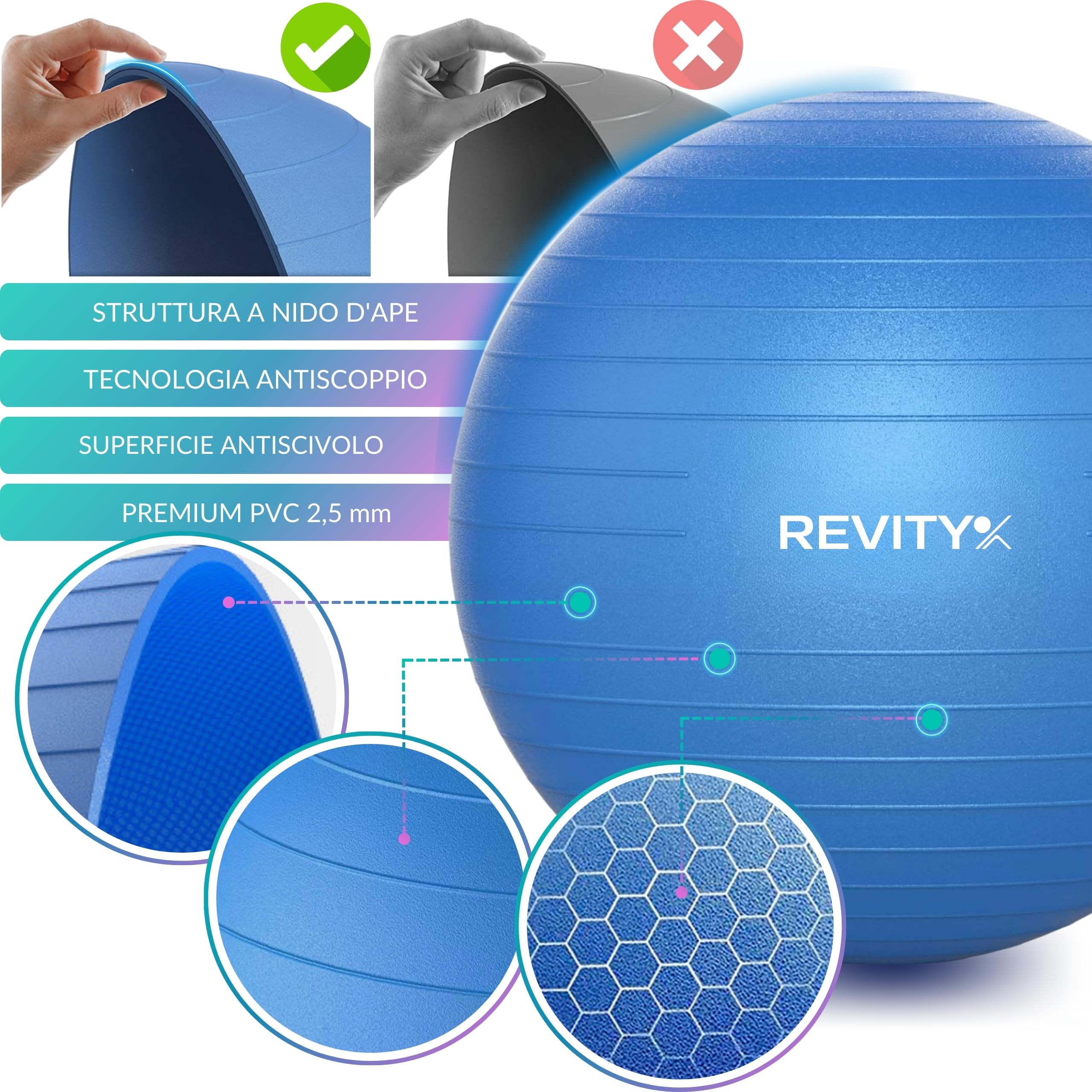 Palla Pilates 65 cm - Fitball Gravidanza Anti-Burst, Palla Pilates Grande per Esercizi e Yoga, Antistatica e Antiscivolo, 250 kg, con Pompa, 2 Valvole e Guida PDF di Allenamento