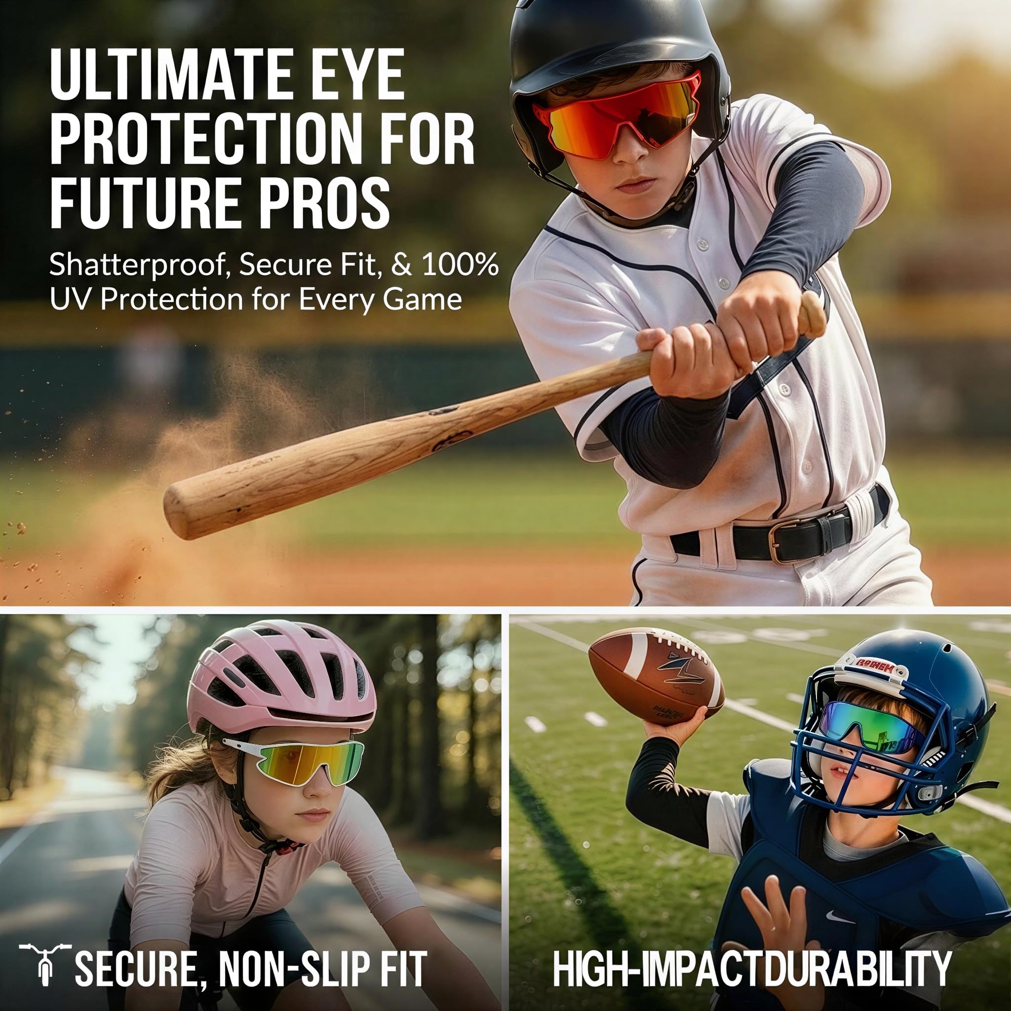 Baseball-Sonnenbrille für Kinder, Jugend-Baseball-Sonnenbrille für Jungen und Mädchen, Sporttöne, Softball, 6-14 Jahre