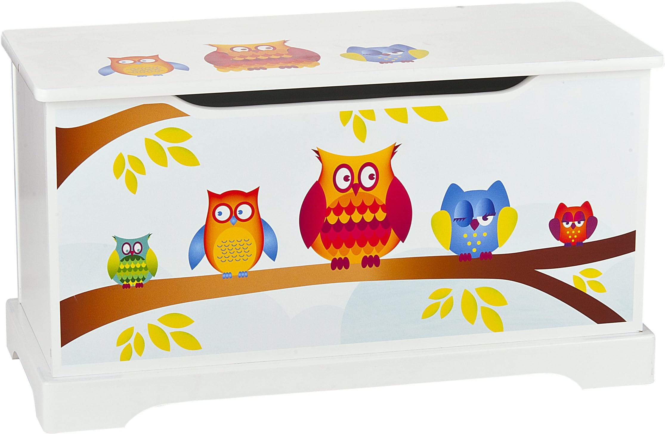 leomark wooden box for children's - 59 x 26 x 32 cm (H), storage bench for toys, child chest bench, white toy storage box, seat with storage and space for plaything, motif: Owls
