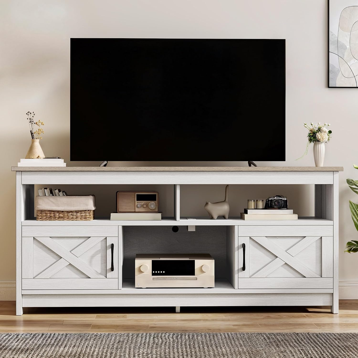DWVO TV Stand for 65 inch TV, Farmhouse Entertainment Center with Power Outlets & Storage Cabinets, Mid Century Modern Media Console Table for Living Room, Grey Wash & Grey White