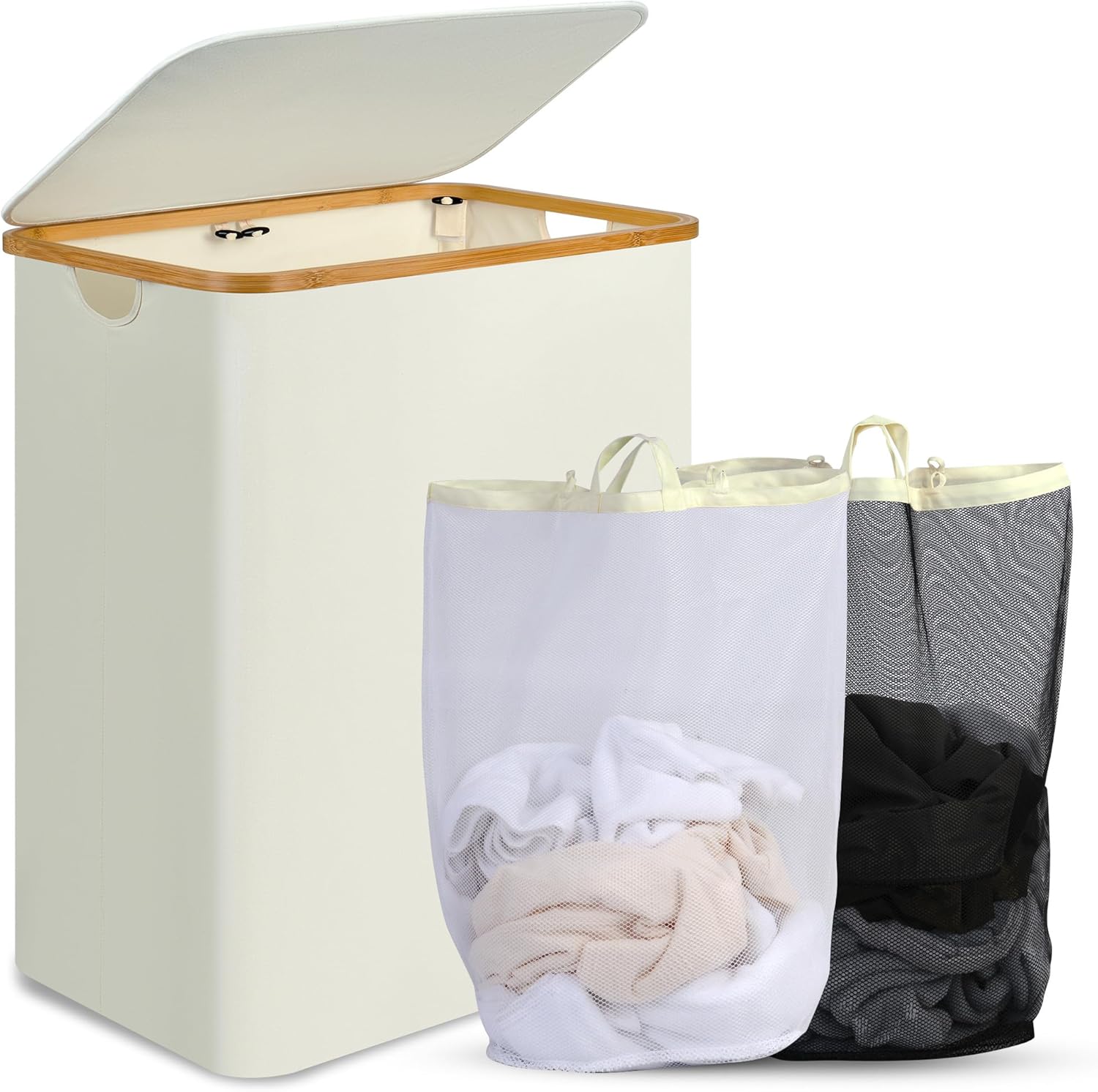 efluky Laundry Hamper with Lid, 160L Tall Laundry Basket with Bamboo Handles for Clothes and Toys, Collapsible Laundry Hamper with 2 Inner Bags for Bedroom and Bathroom, Beige 160L-2 sections Beige