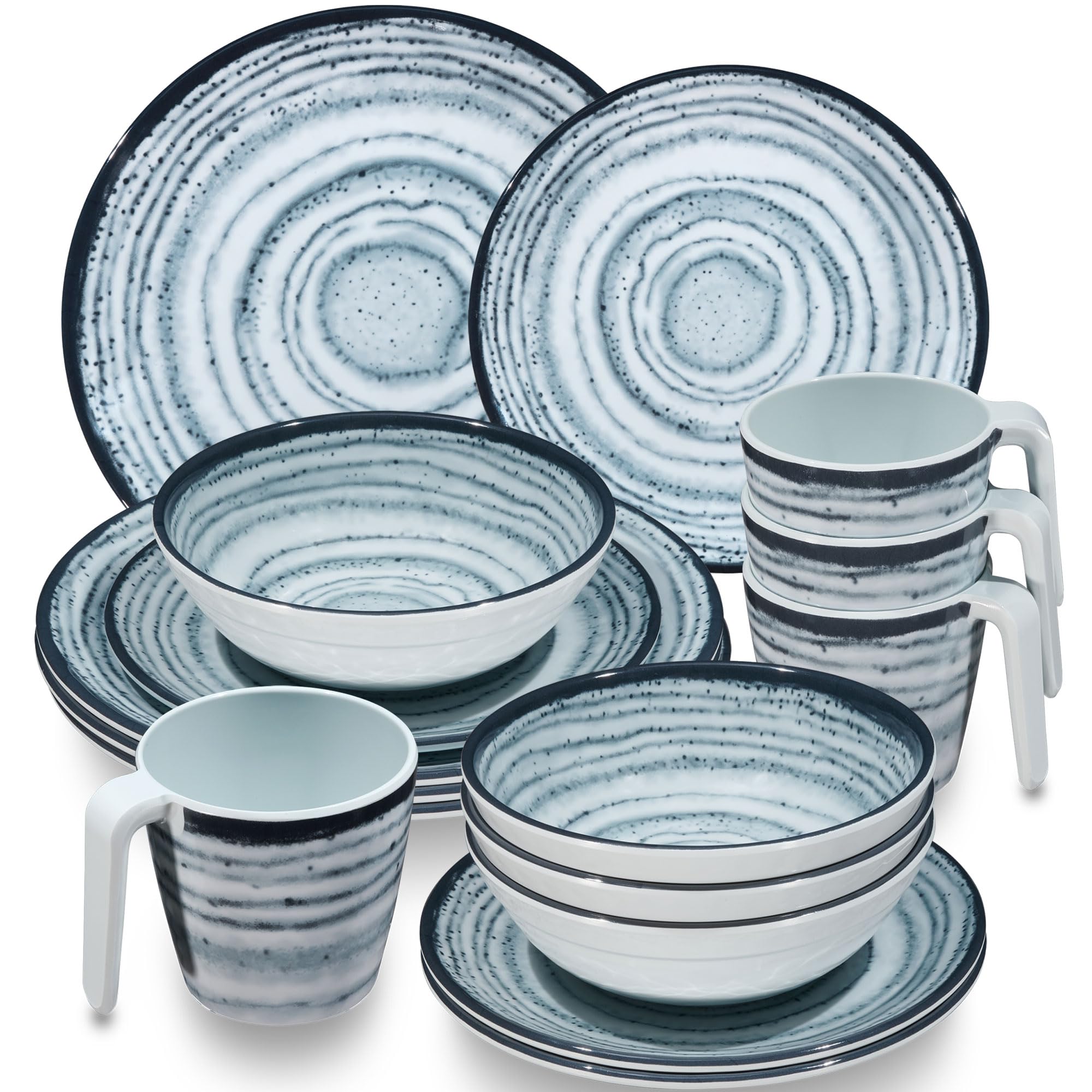 Vajilla de melamina para 4 personas, color azul, aspecto piedra, apto para lavavajillas, accesorio de camping, vajilla de camping, para festivales, picnics, fiestas en el jardín