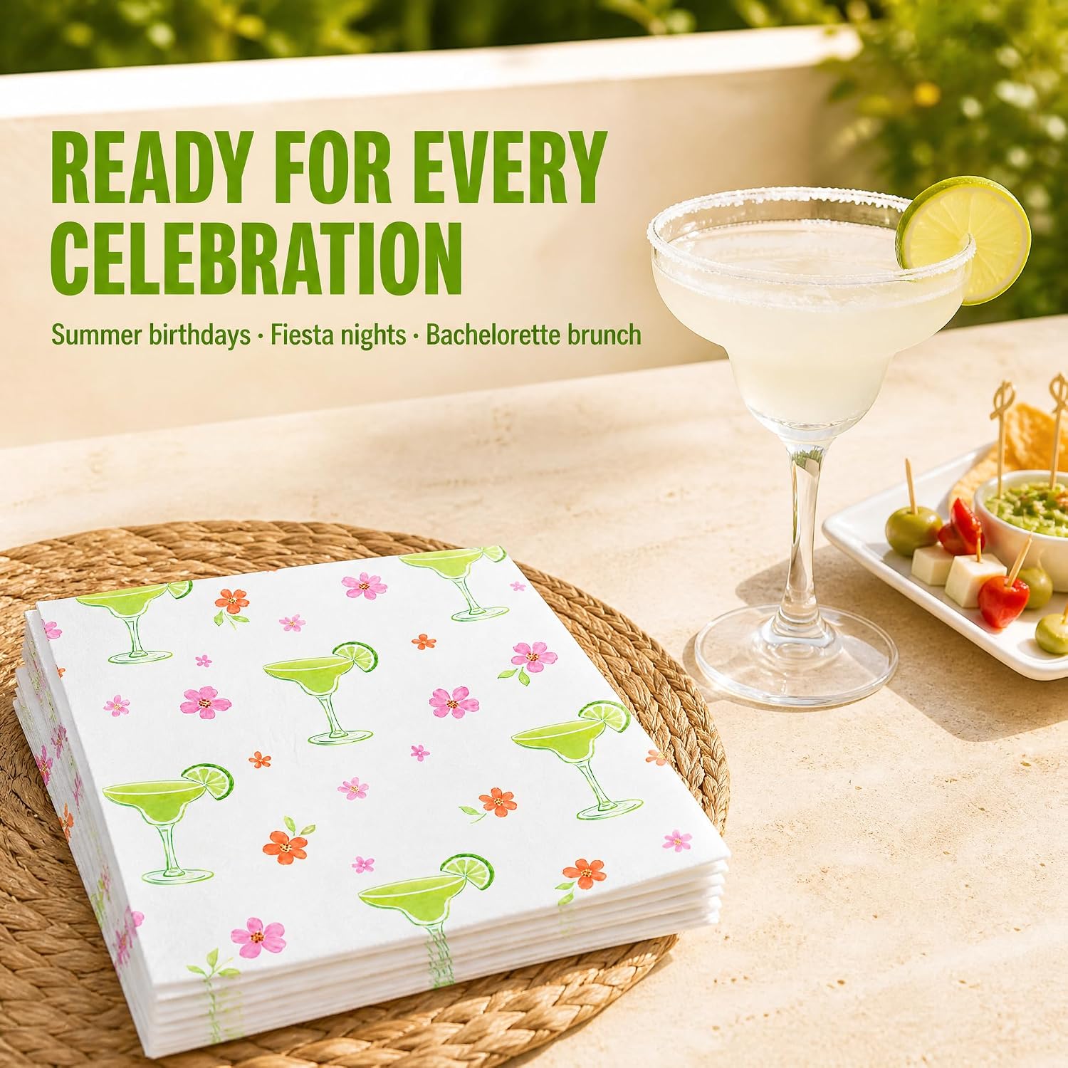 50pcs Margarita Napkins, Lime Green Margarita Glasses Floral Disposable Paper Napkins for Summer Birthday, Fiesta, Bachelorette Brunch, Tequila Party Decorations
