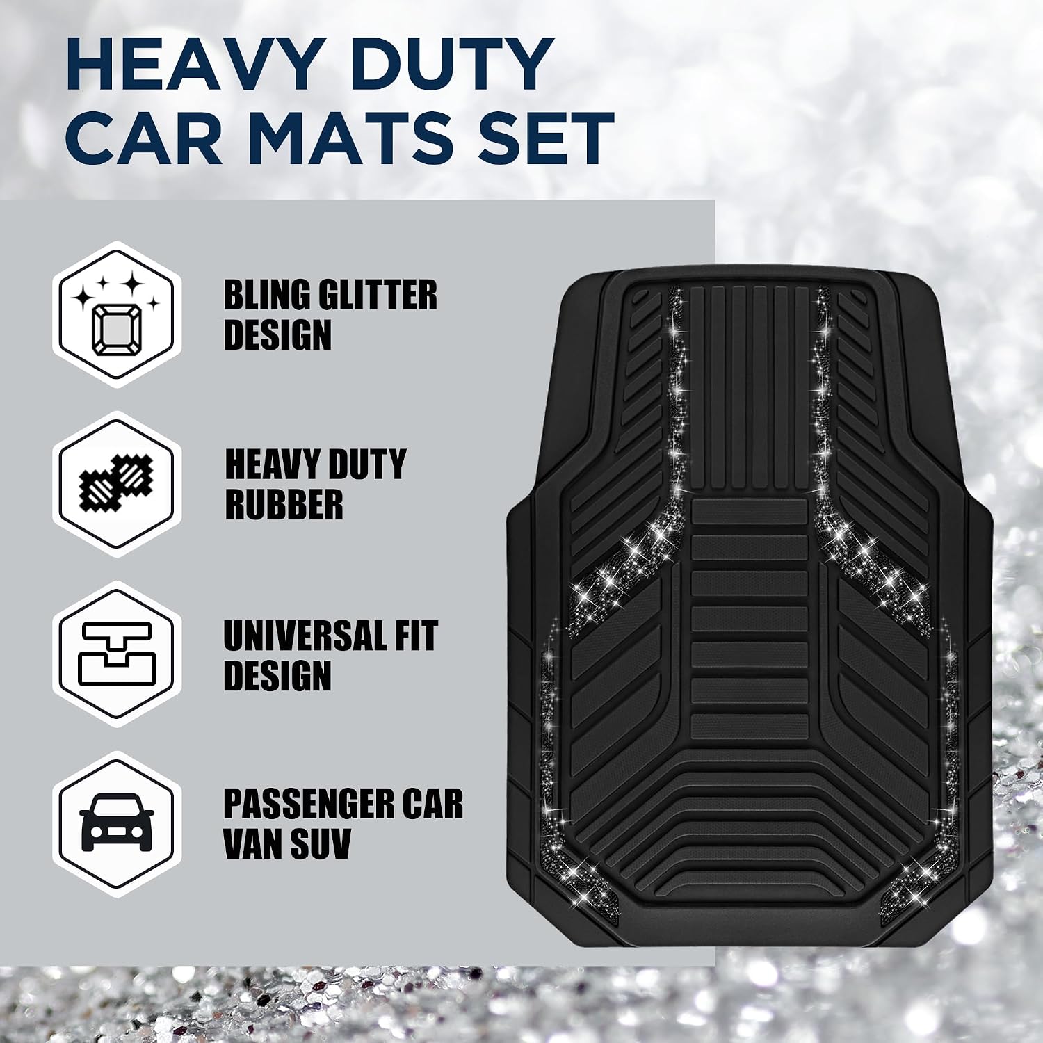 pic auto car floor mats, black sparkly crystal bling glitter car mats set, front and rear heavy duty rubber car mats with anti-slip backing, all weather, trim-to-fit for automotive suvs, sedan, vans black glitter