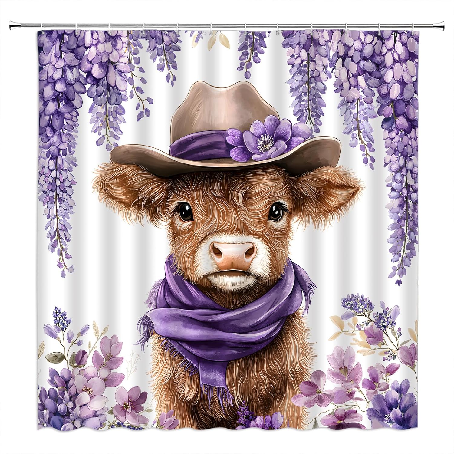 Purple Floral Cow Shower Curtain Funny Flower Blossom Rustic Plant Lavender Farmhouse Animals Western Country Cute Bathroom Decor Curtain with Hooks,70" WX78 H