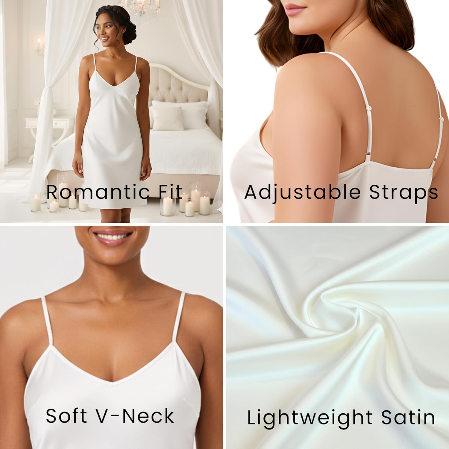 Satin Nightgown for Women, Silk Nightgown Chemise Sleepwear, V Neck Cami Nightdress, Adjustable Straps