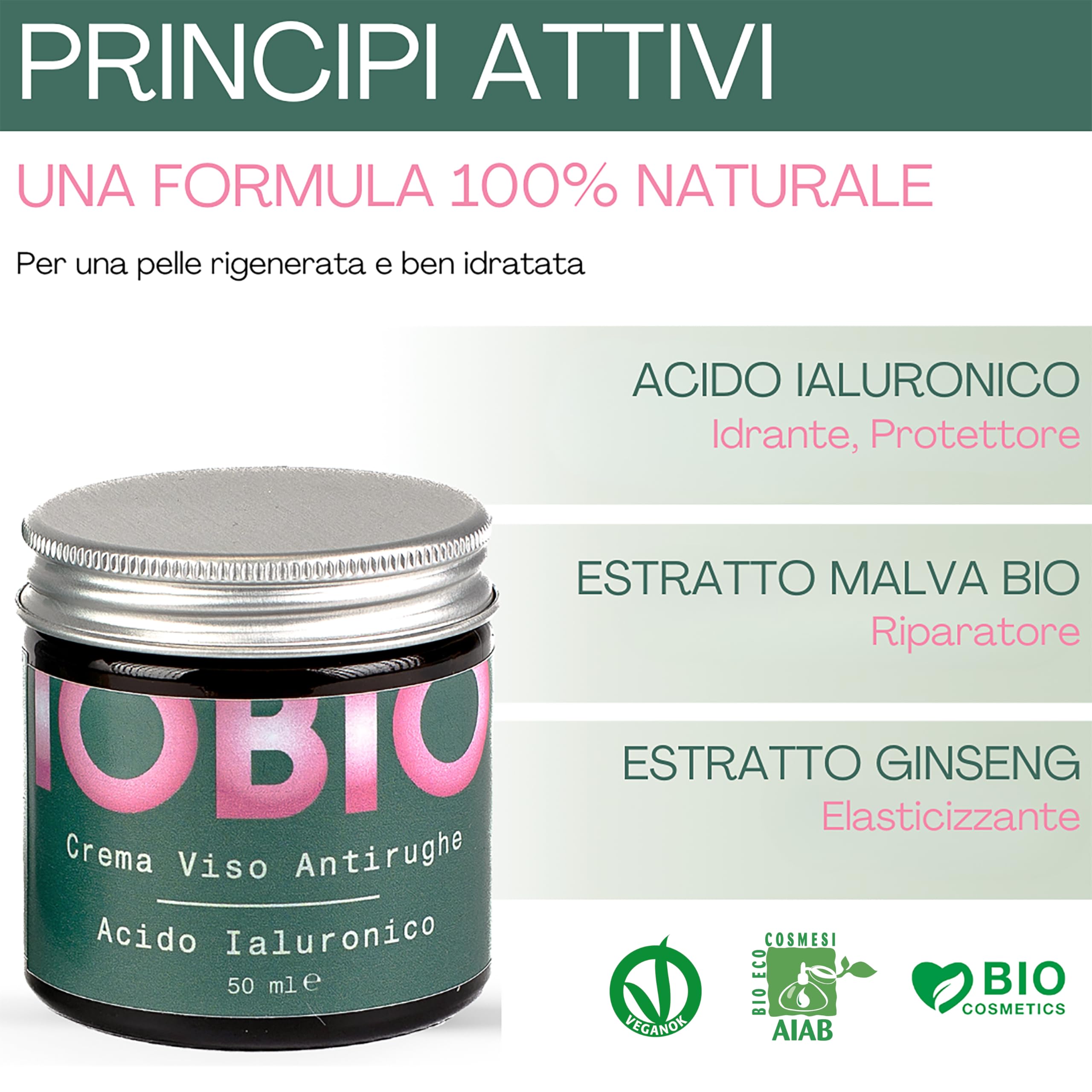 Eywa Crema Viso Antirughe all’Acido Ialuronico IOBIO (50 ml) – Crema giorno idratante per rughe e segni del tempo – Con collagene, malva bio, ginseng e Gatuline – Bio, vegan, made in Italy