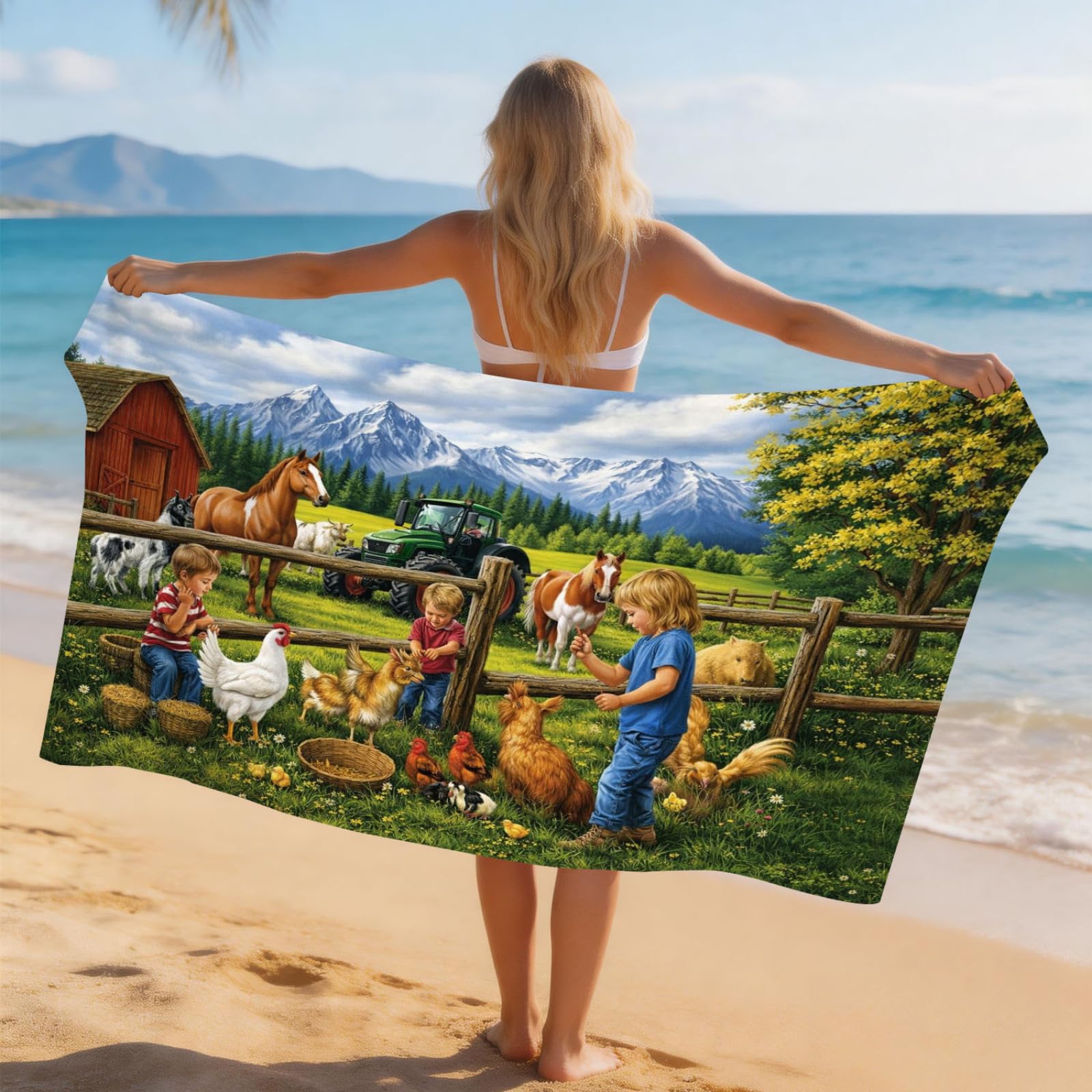 Generisch Toalla Playa Grande 100X200 Granja Verde Azul XXL Secado Rrápido Toalla Manta de Playa para Mujer Deportes Viajes Sauna Y Piscina