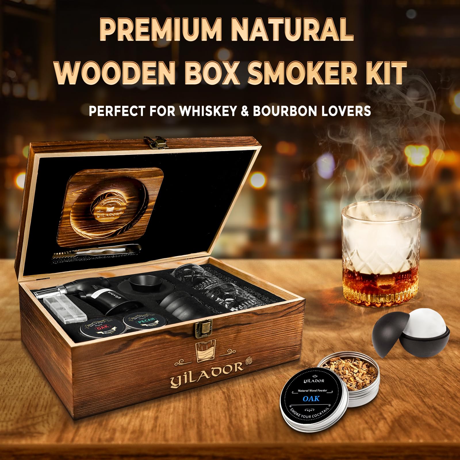 Electric Whiskey Smoker Kit with Torch, Father's Day Gift, Premium Wooden Box, 4 Wood Chips, Ice Molds, Recipes, Cocktail Smoker Kit for Bourbon & Old Fashioned, Ideal Gift for Dad, Men (No Butane)