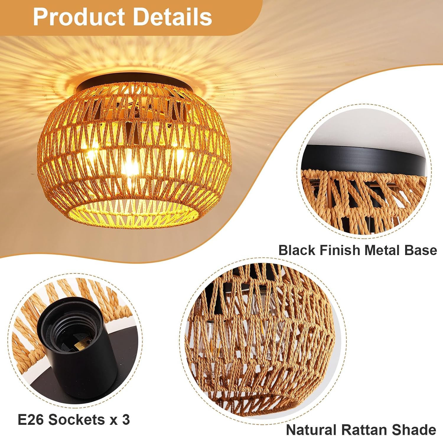 16" Boho Rattan Flush Mount Ceiling Light Fixture, Large Rustic Chandelier image 3