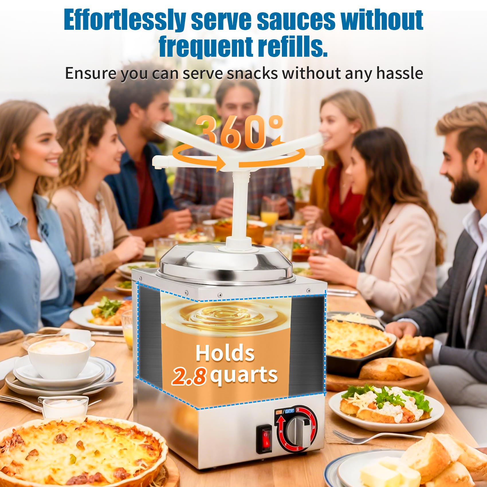 Dispensador de queso Nacho, dispensador de queso nacho de 2.8 cuartos con bomba, dispensador eléctrico de dulce caliente con ajuste de temperatura de 6 niveles, dispensador de queso comercial de acero
