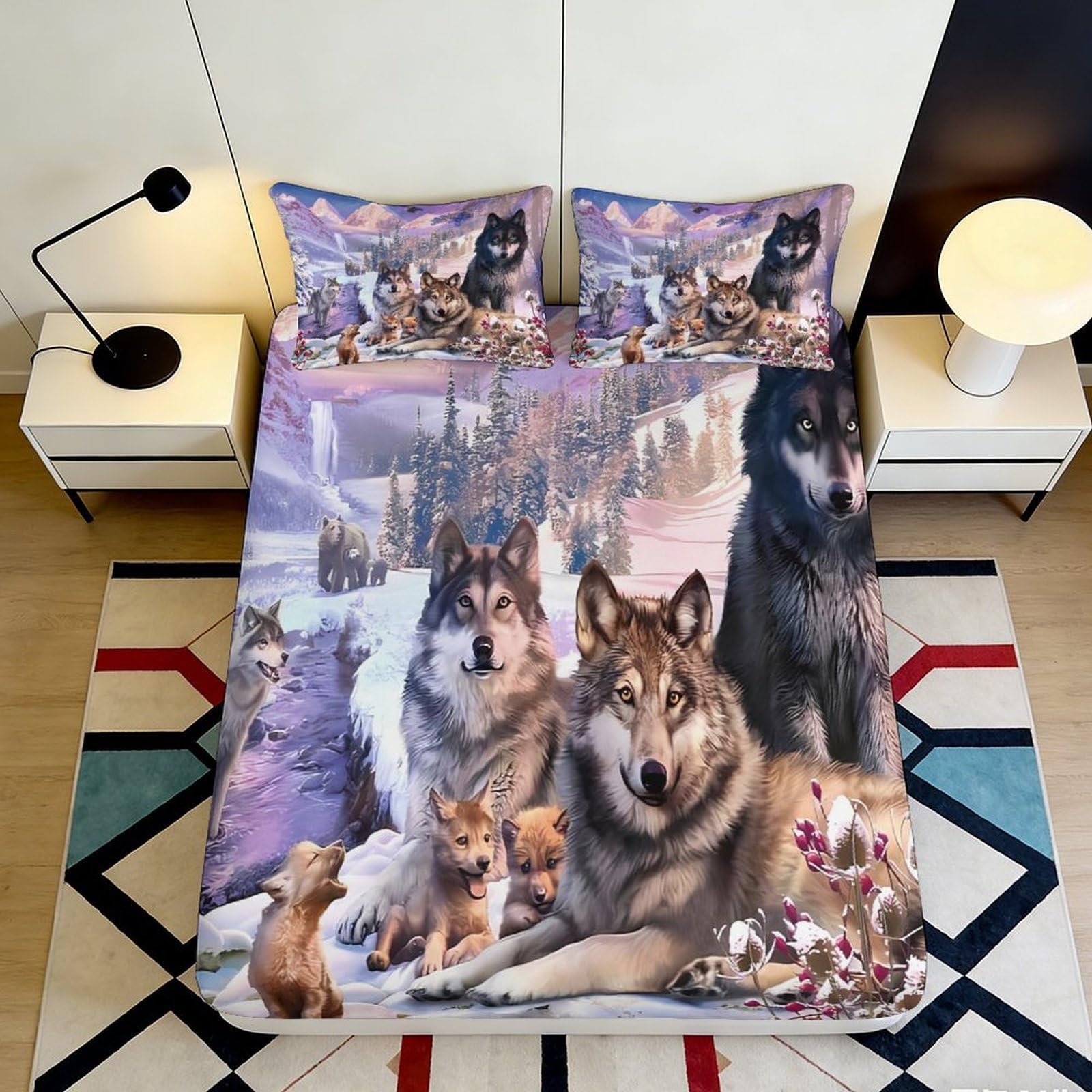 3D Printed Wolf Family Fitted Sheet Microfiber Soft Bed Cover with Forest Animal Pattern for Bedroom Dorm Mattress Decor 90x200x25cm