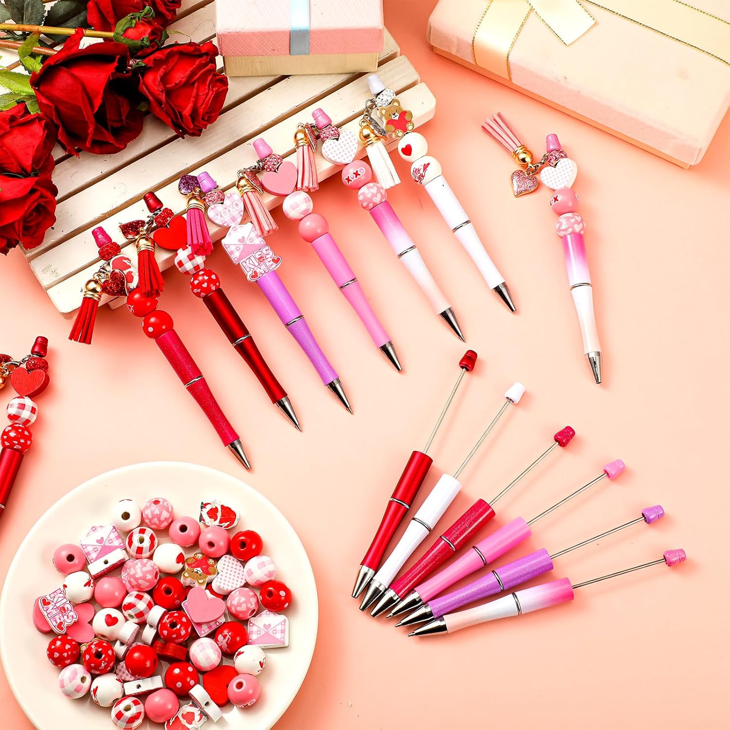 Geyoga 18 Sets Valentine's Day Beadable Pens Valentine's Day Ballpoint Black Ink DIY Pens with 54 Wooden Beads Rhinestone Spacer Beads Pendants Tassels for Women Office Supplies