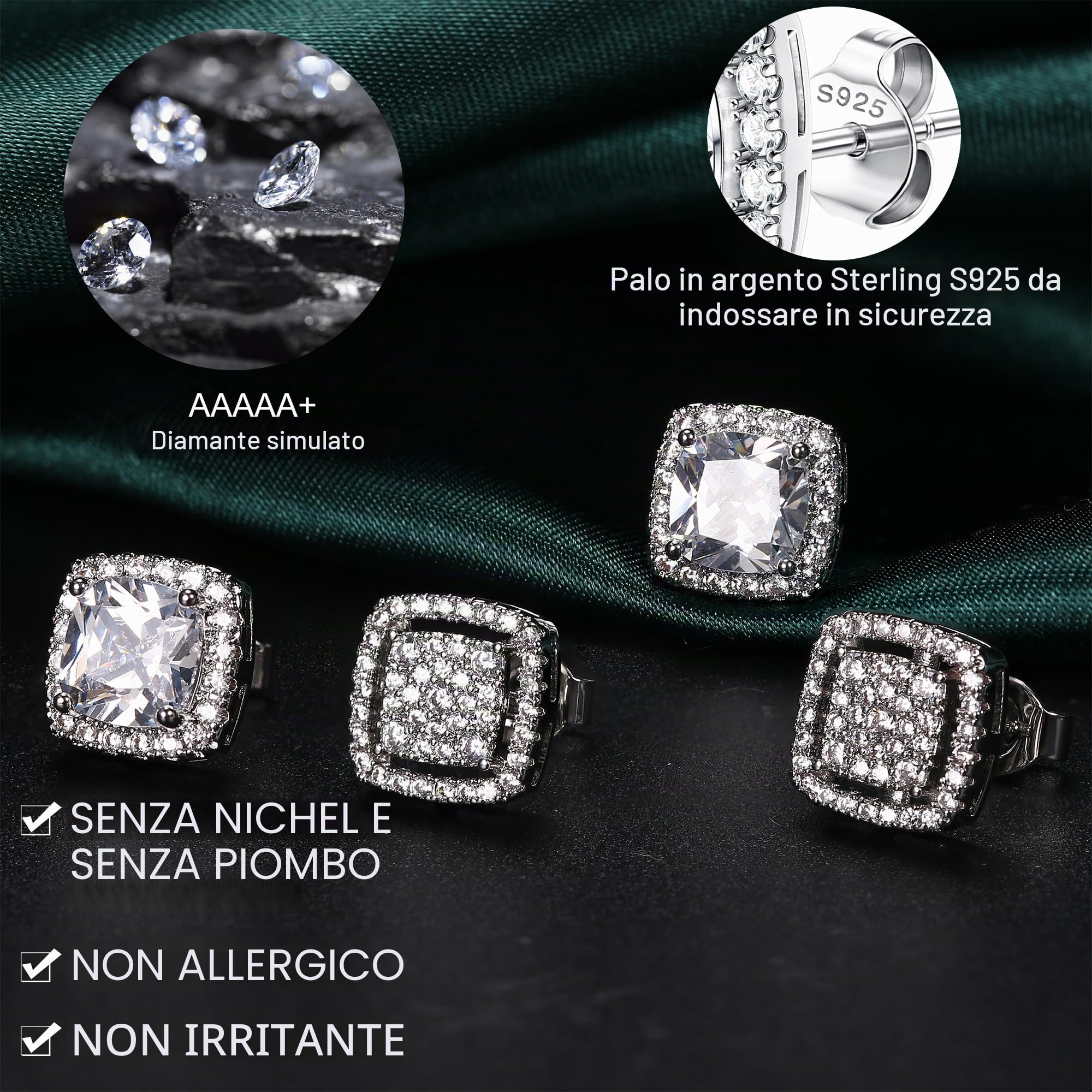 Dochais 2 Paia di orecchini donna uomo argento 925 Placcato Oro 14K orecchini diamante anallergici zirconi cubici rotondi quadrati imitazione diamante per donna uomo