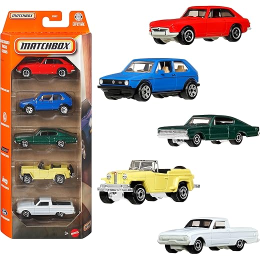 Matchbox 1:64 scale die-cast toy cars or trucks, themed set of 5 race or sports cars, rescue or construction vehicles and more (styles may vary)