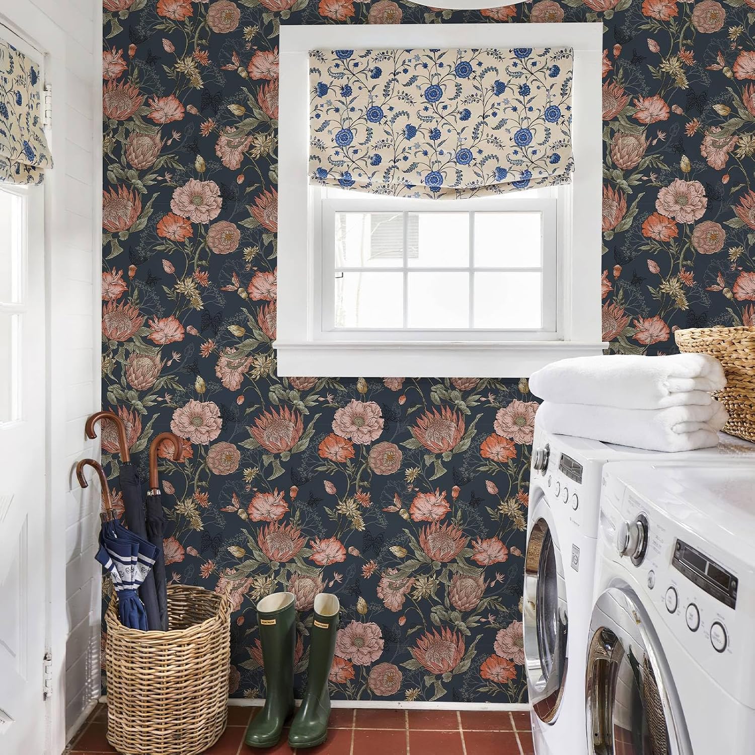 Floral Wallpaper Peel and Stick Floral Contact Paper Dark and Pink Vintage Wall Paper Removable Self Adhesive Vinyl Stick on Wallpaper for Bathroom Bedroom Decor 17.3in x 400in