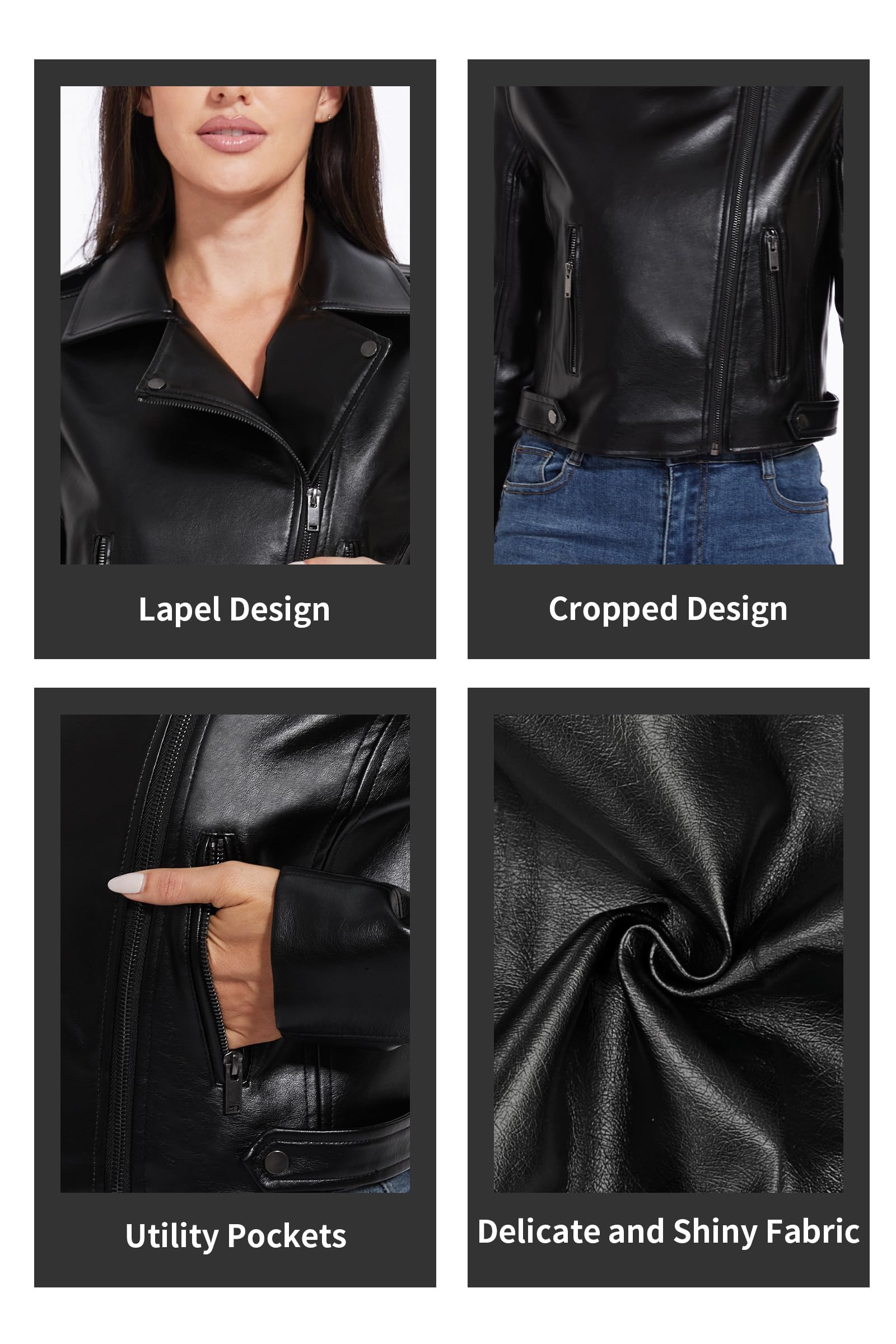 Fahsyee Damen Kunstlederjacke Kurze Biker Blazer Slim Fit Schwarz S-XXL