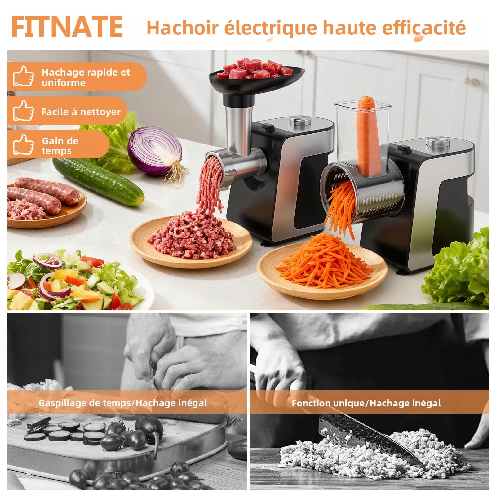FITNATE Hachoir à Viande Électrique, Robot Multifonction avec Tube à Saucisses, Râpe à Fromage & Coupe-Légumes, 3 Grilles de Hachage Fin/Moyen/Grossier Incluses