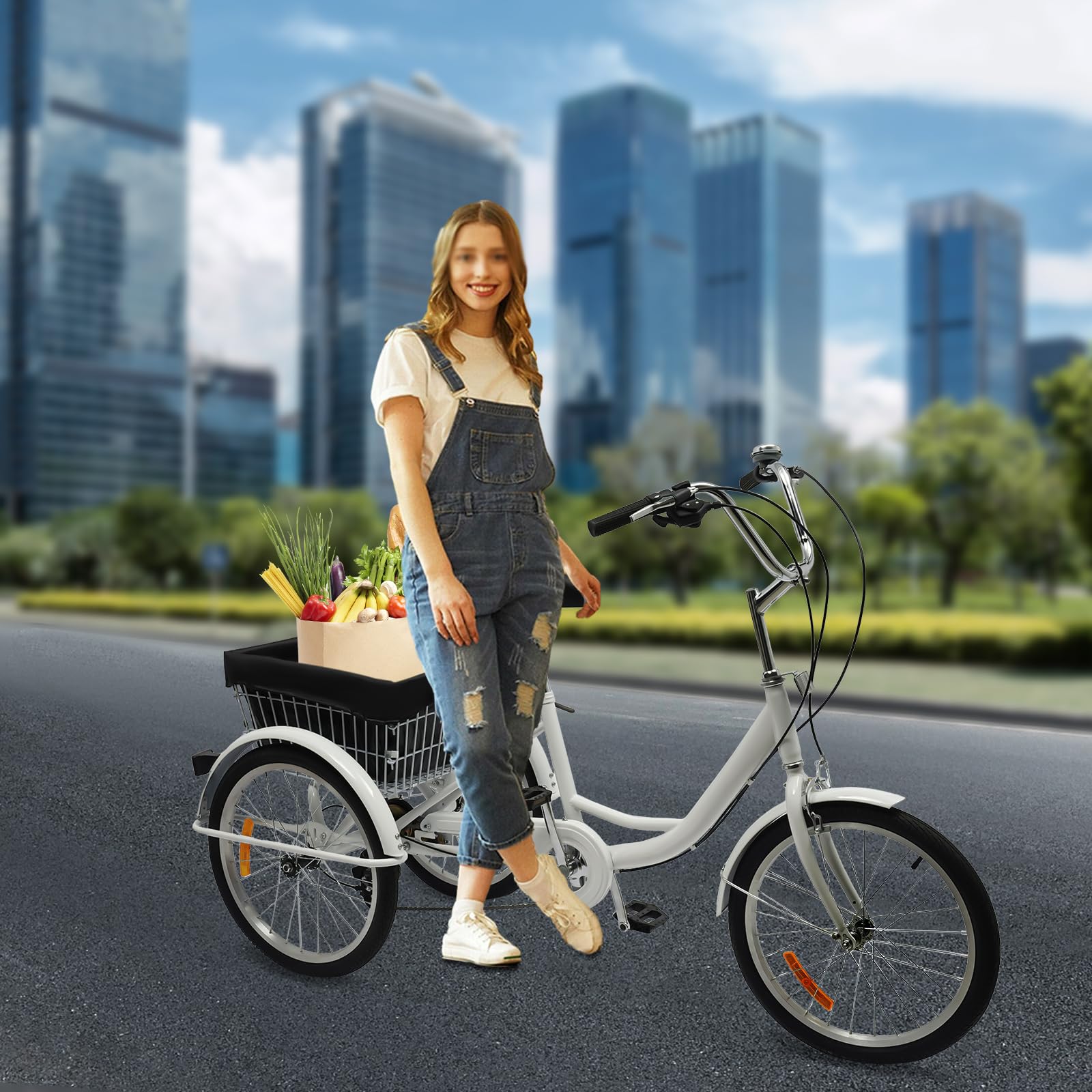 Triciclo de 20 pulgadas para adultos, 8 marchas, bicicleta de carga de acero al carbono, bicicleta para personas mayores, con cesta de la compra, altura ajustable, ruedas de ciudad, máx.