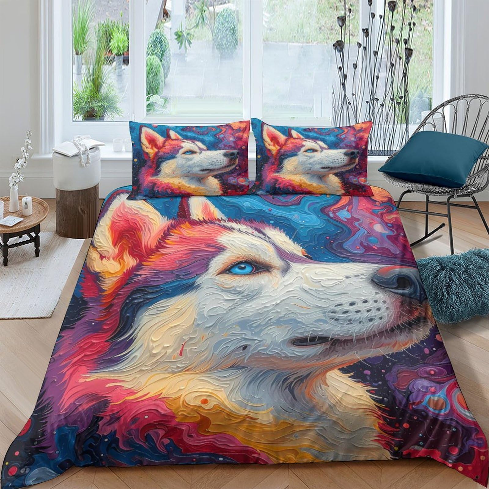 Ctjqhvkz Style-7 3D Printed Husky Dog Fitted Sheet Microfiber Soft Bedroom Decor Colorful Wolf Mattress Cover For Home Guest Room Single（135X200cm）