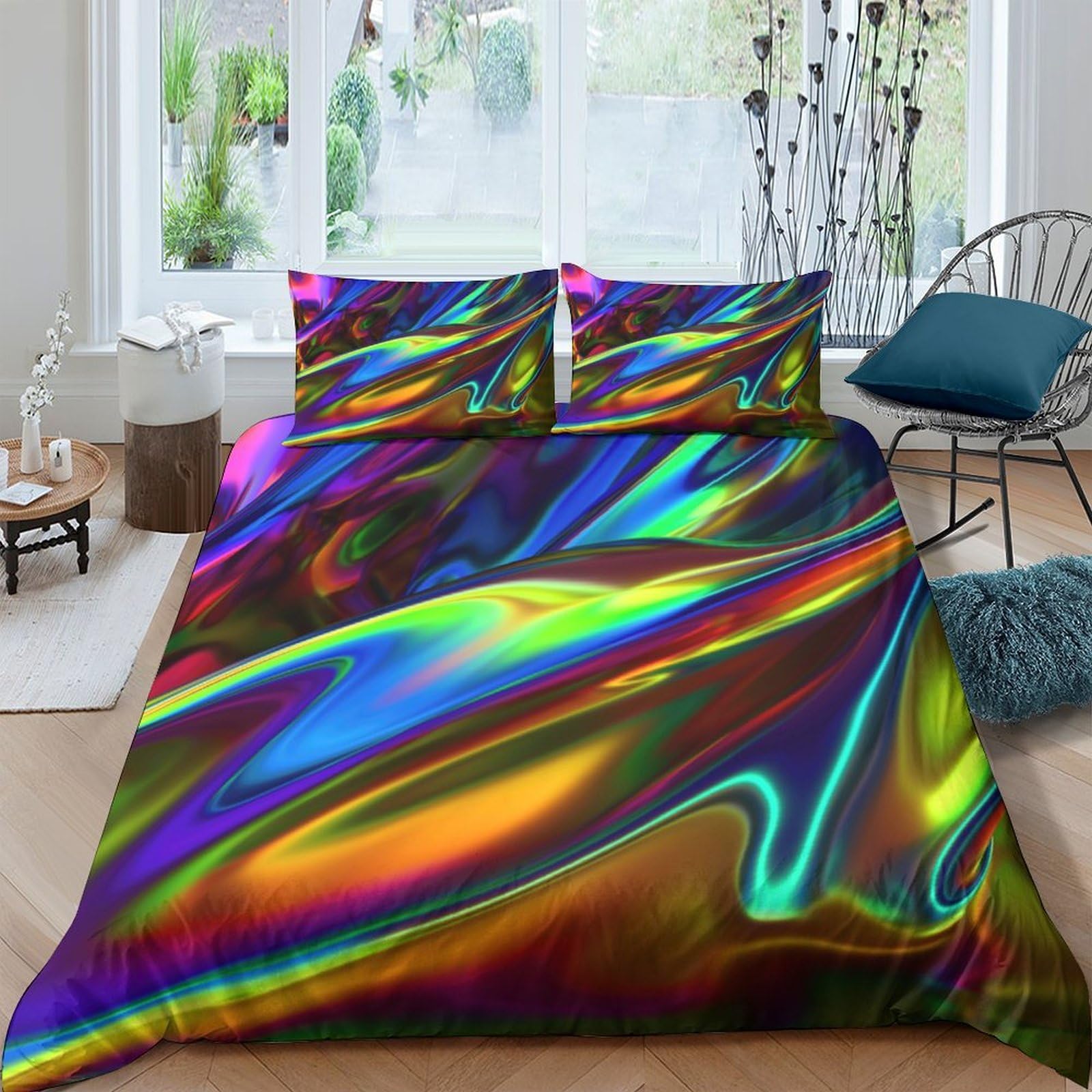 Ctjqhvkz Style-4 3D Printed Iridescent Abstract Fitted Sheet Microfiber Soft Rainbow Swirl Mattress Cover For Bedroom Decor Protection Single（135X200cm）