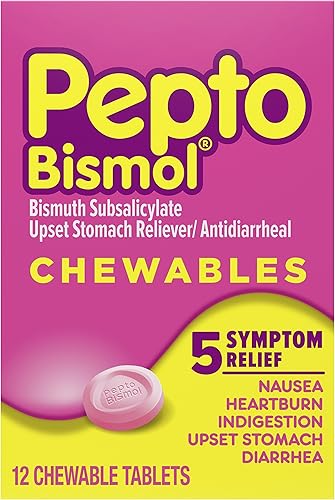 Miniatura 1 de Pepto Bismol Tabletas masticables para náuseas, acidez estomacal, indigestión, malestar estomacal y diarrea, alivio rápido de 5 síntomas, sabor