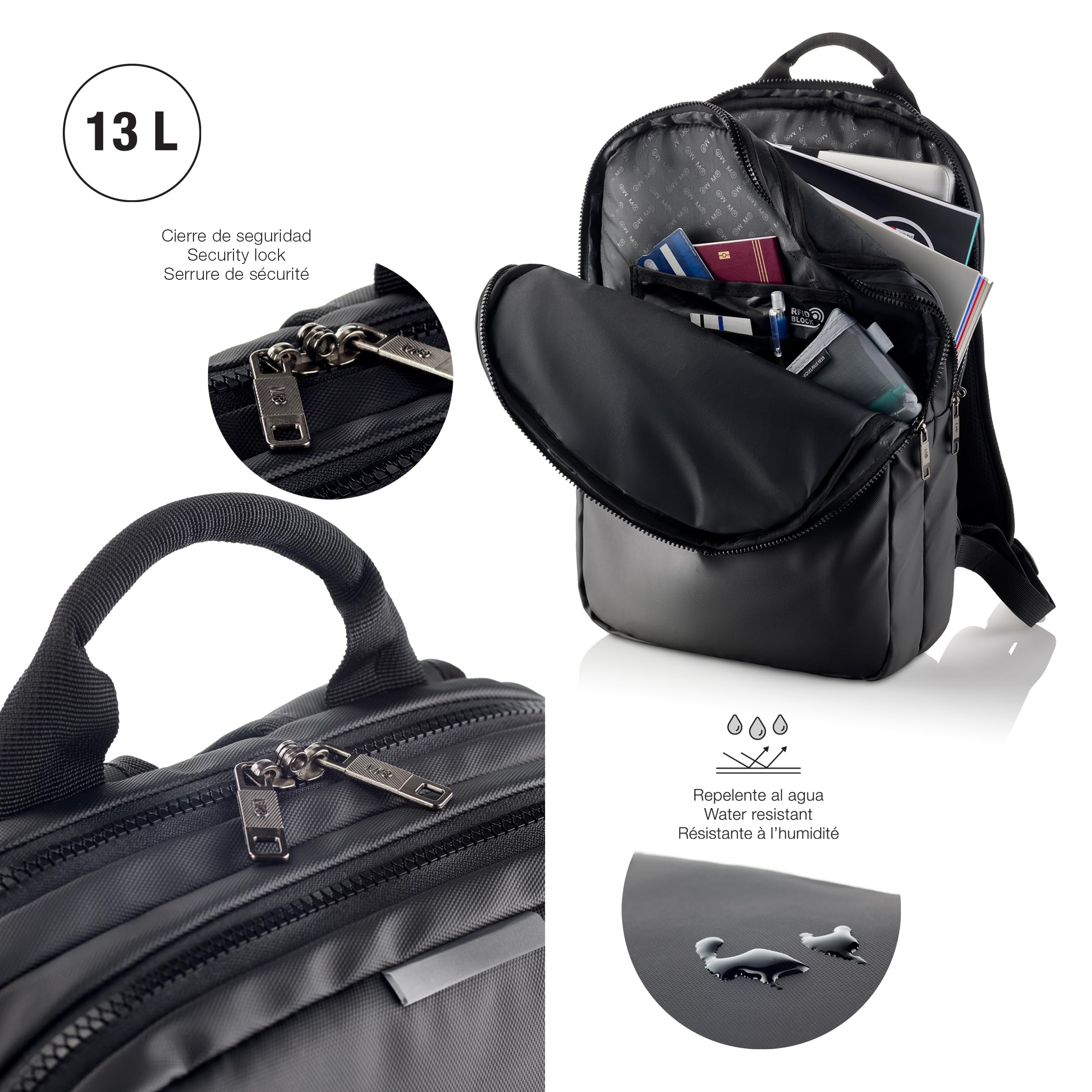 Miquelrius - Zaino per computer da 13 l, tasca antifurto RFID, dettagli riflettenti, chiusura di sicurezza, adattabile trolley, zaino portatile + tablet, idrorepellente