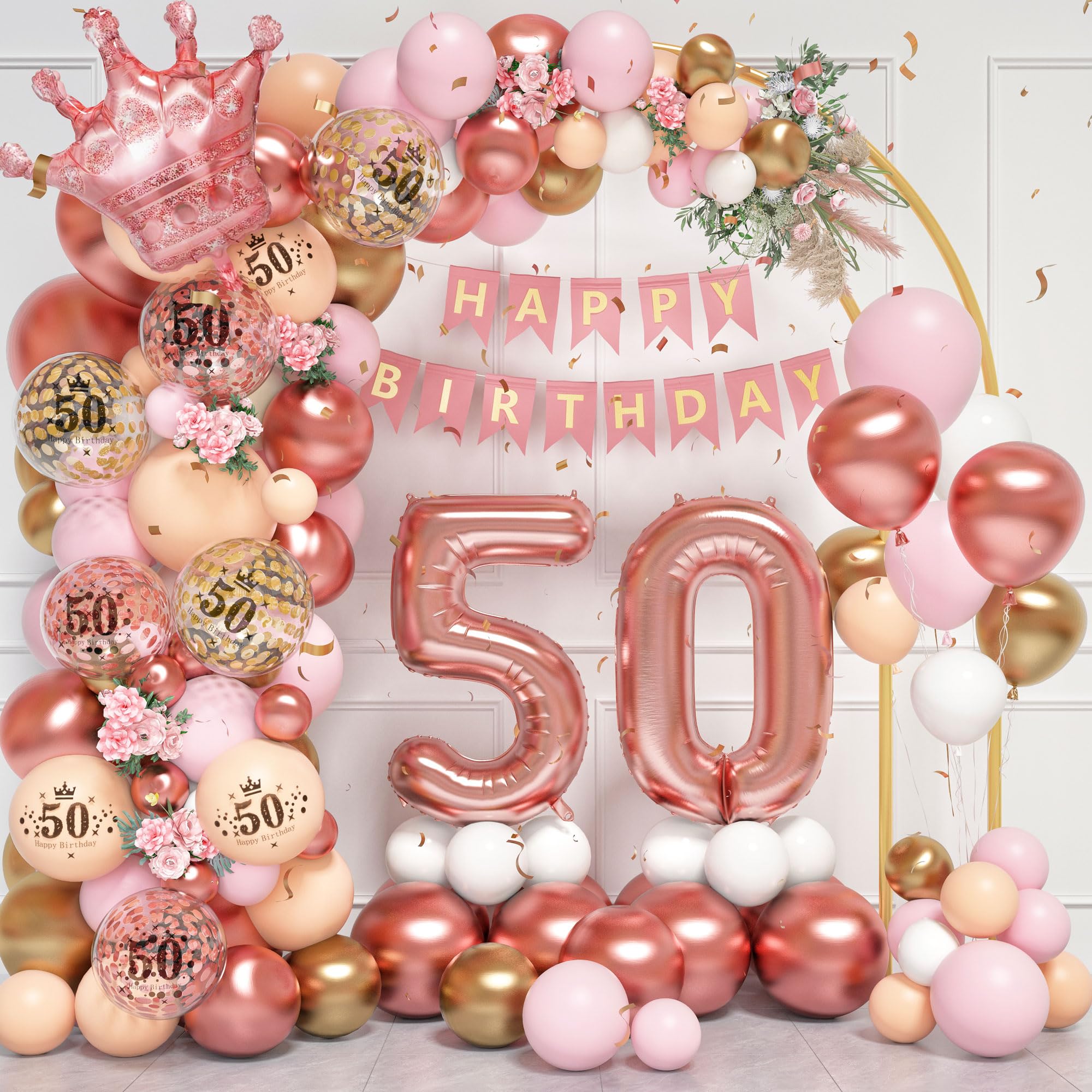 50th Birthday Balloons Garland Arch Kit,50th Party Decorations Rose Gold Pink for Women,with Number 50 Foil balloons,Happy Birthday Banner for 50