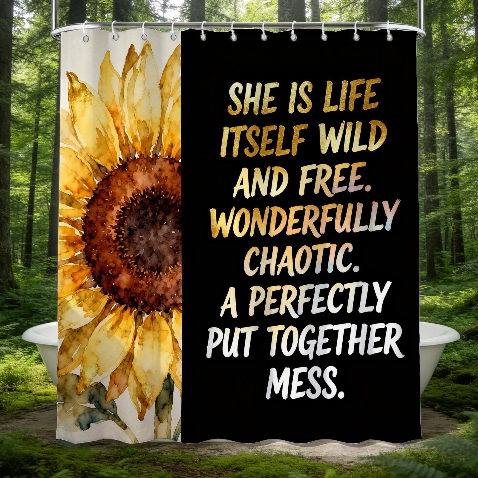 Hongduo White 3D Inspirational Sunflower Shower Curtain For Stalls Bathtubs Flower Bathroom Decor Shower Curtain Set Polyester Fabric Waterproof 180X200cm/71X79 Inch With Hooks