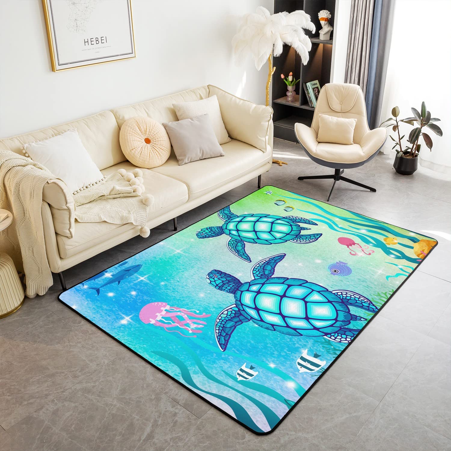 Sea Turtle Carpet 5x7 Green Blue Ocean Area Rug,Colorful Underwater World Decorative Rug for Kids Child,Nautical Sea Animal Reptile Indoor Floor Mat Under Sea Fish Jellyfish Bedroom Decor