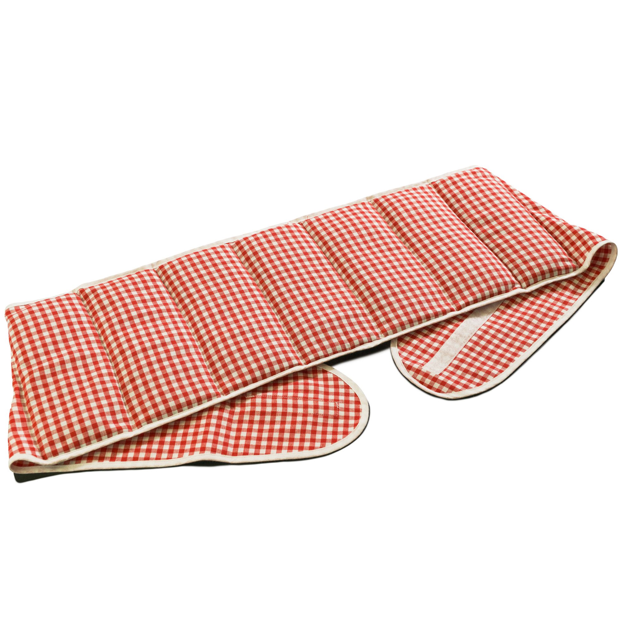 Cuscino termico con cintura, semi di lino (Lunghezza totale: 135cm, rosso-bianco, Cotone Bio) Cuscino riscaldabile per forno, microonde e frigorifero. Caldo e freddo