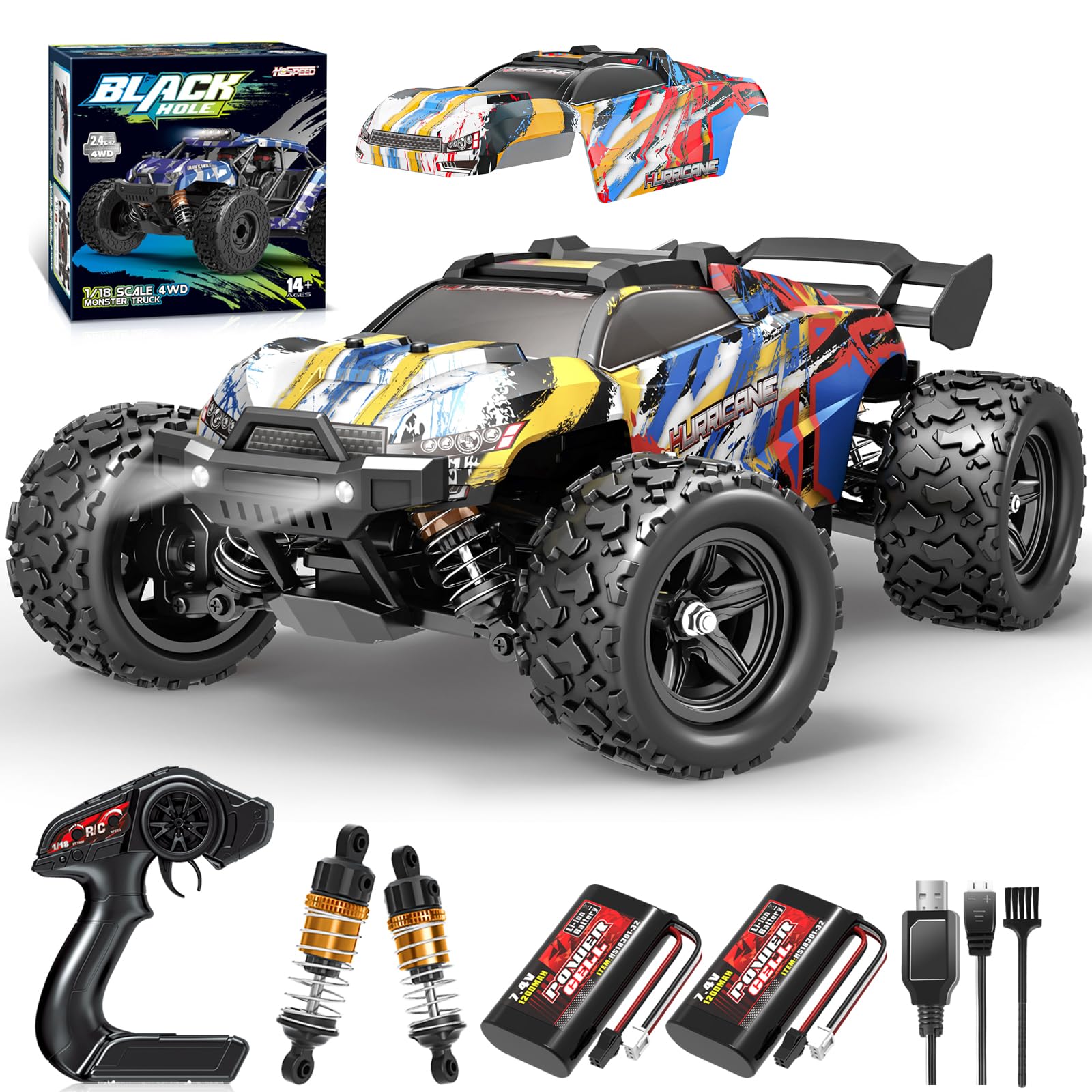 Coche Teledirigido 40KM/H, 1:18 4WD Coche Radiocontrol Alta Velocidad, 2.4GHz Offroad Coche con 2 Baterías 60min, Vehículo Todoterreno RC Crawler para Niños Adultos Cumpleaños Navidad Regalo