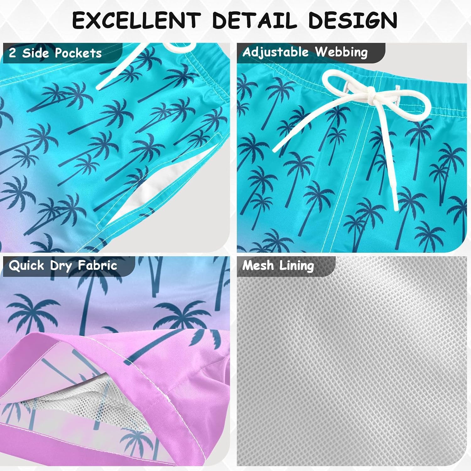 Boys Swim Trunks Swim Shorts Little Boys Bathing Suit Quick Dry Big Boy Swimsuit Swimwear, Palm Trees Hawaii Pink